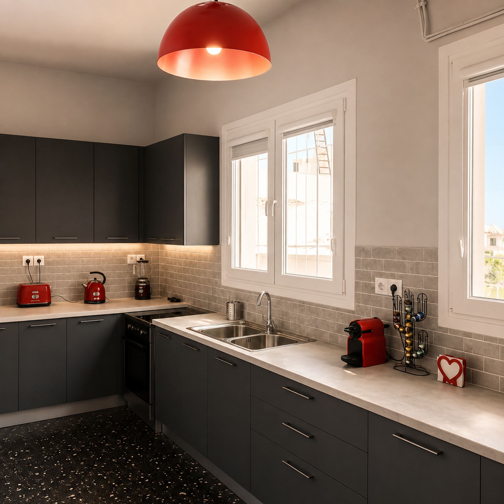 Modern kitchen with red accents