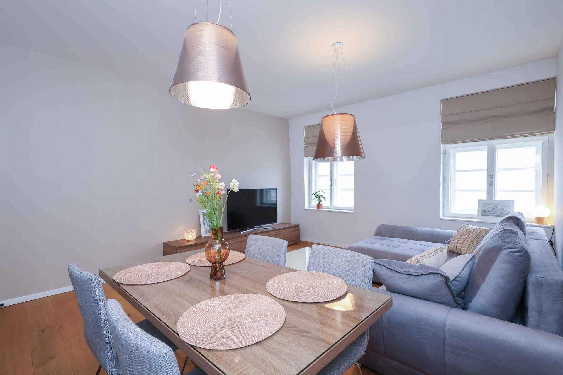 Dining table with living room view