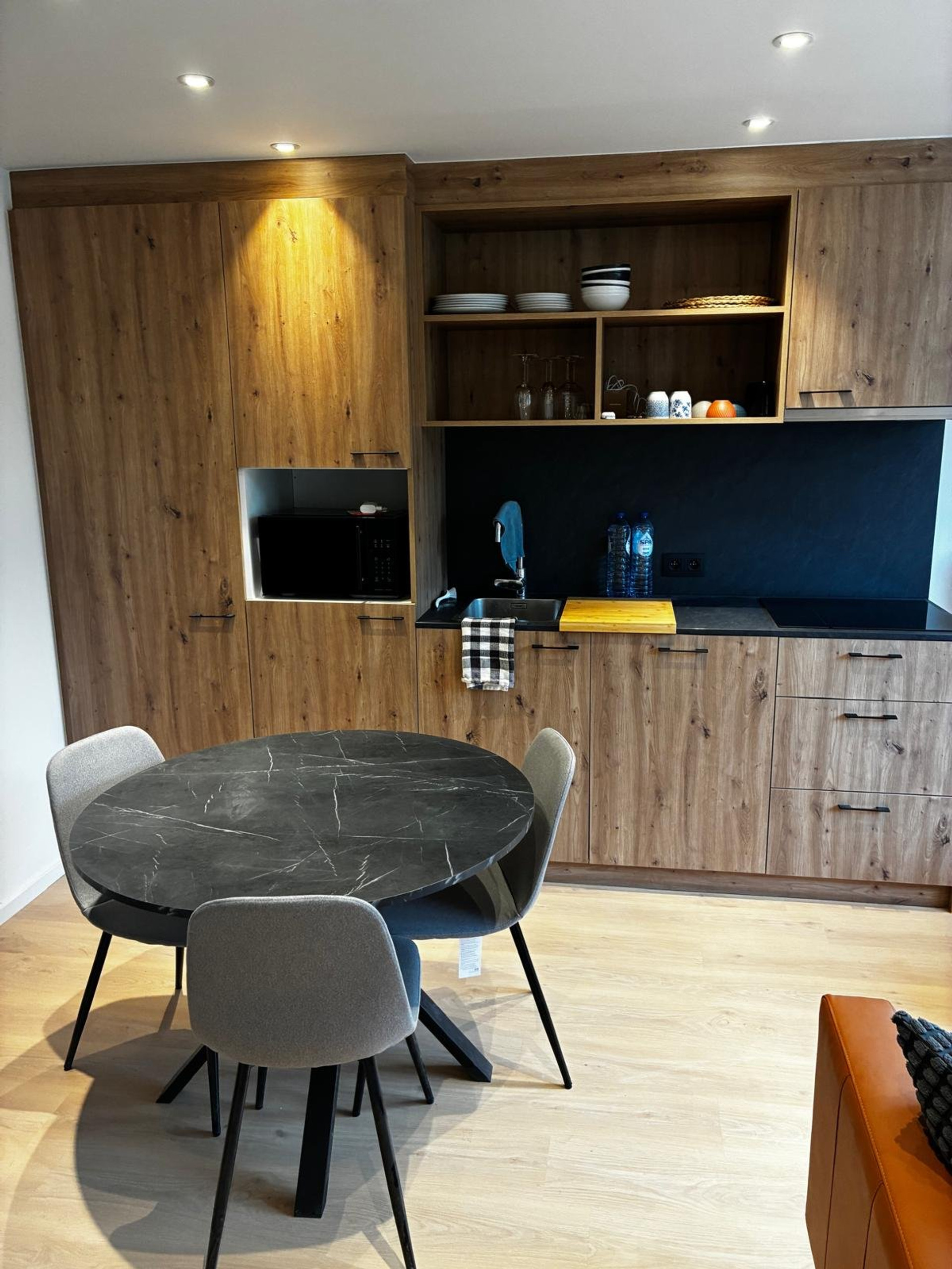 Kitchen dining area wood cabinets