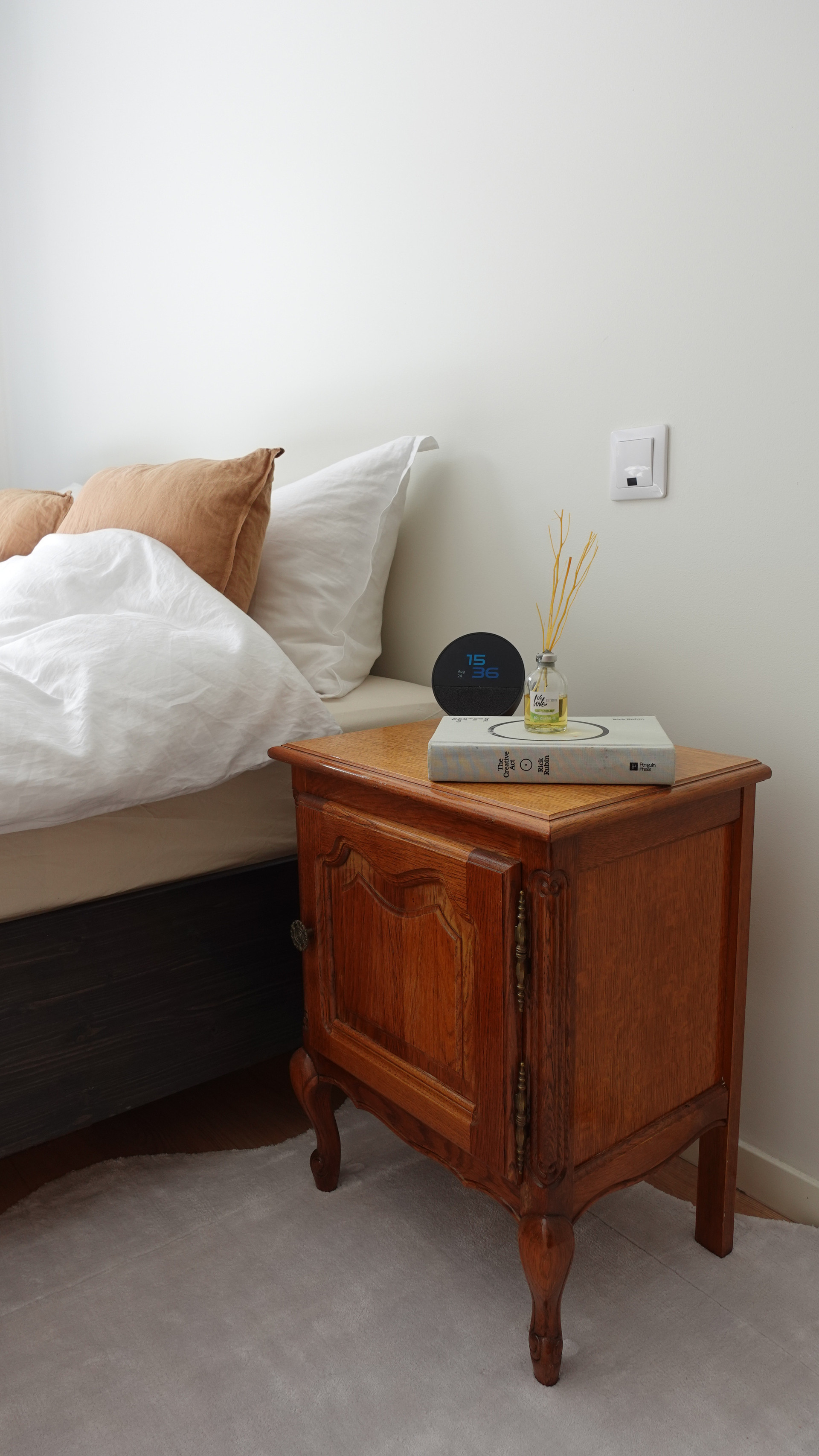 Bedside table with storage and Amazon Alexa (can turn on lights under the bed)