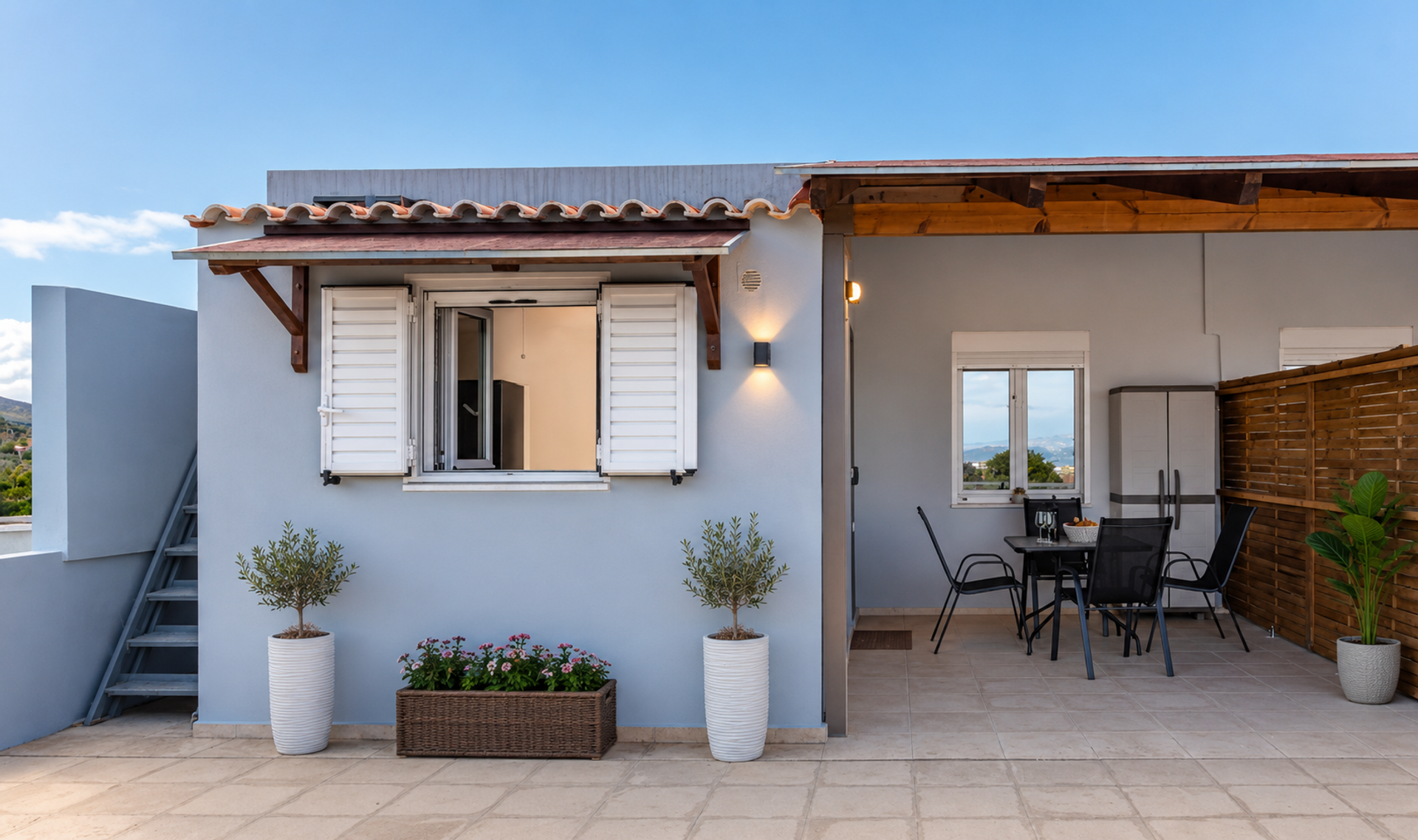 Exterior terrace with dining area