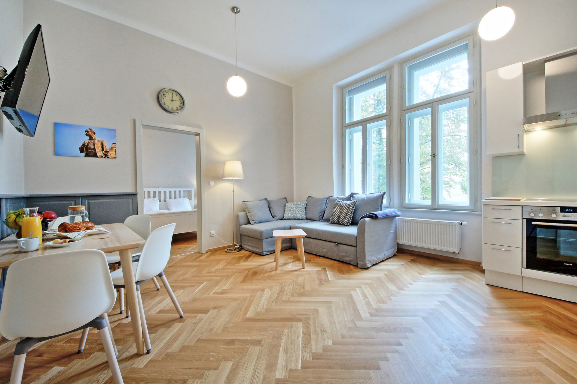 living area with pulled out sofa for 2