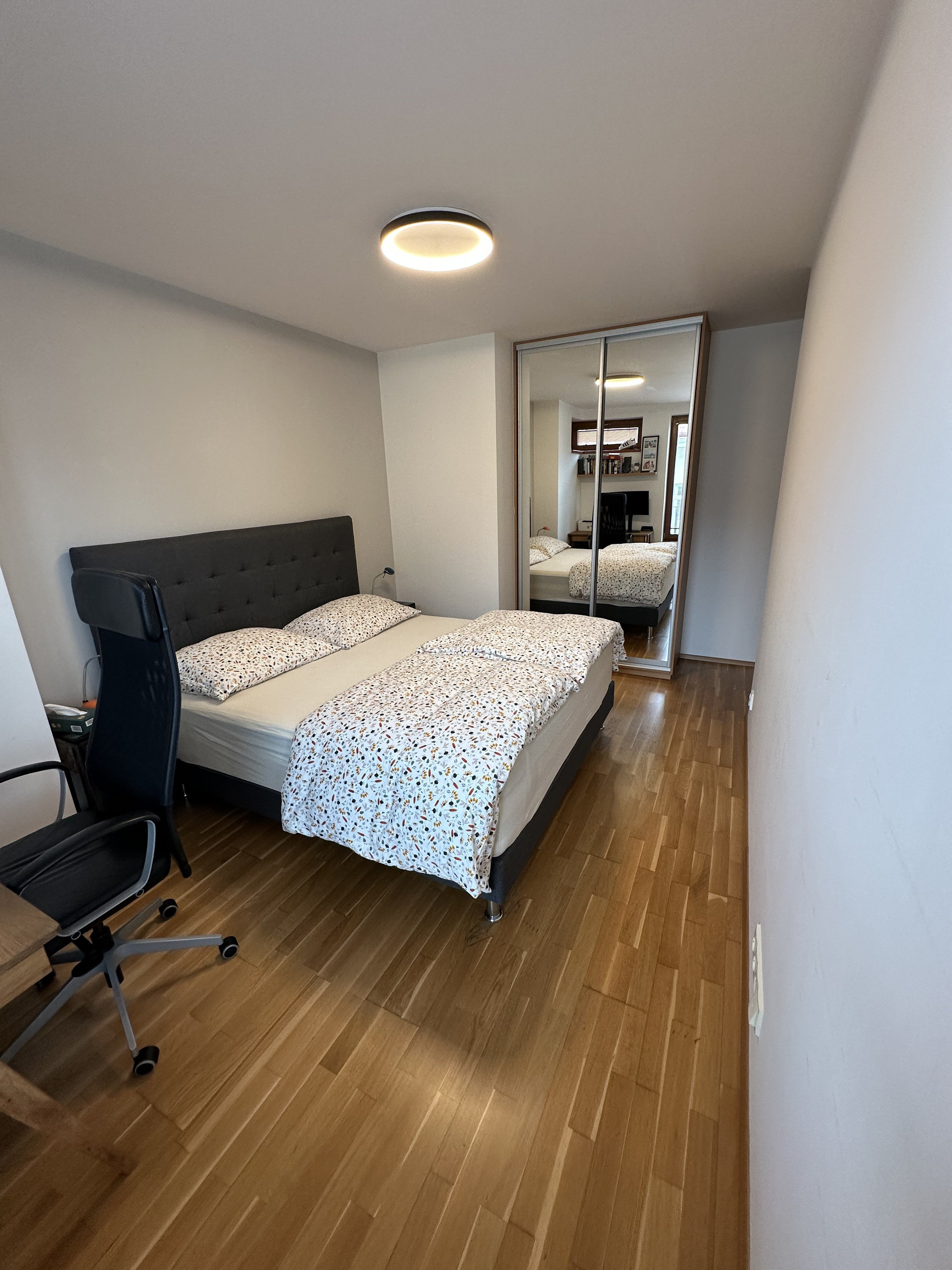 Master bedroom with mirrored wardrobe