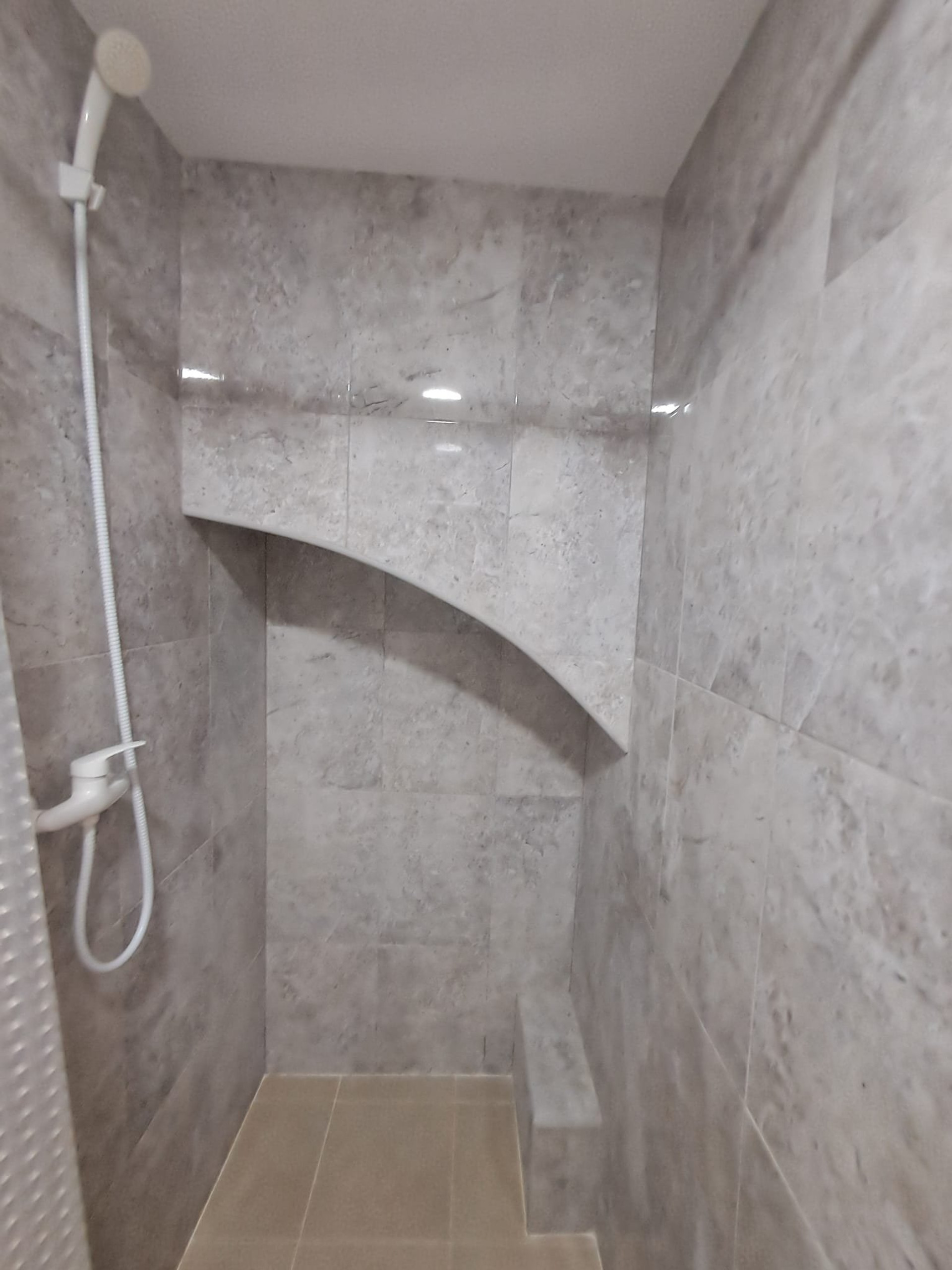 Tiled shower with arched niche