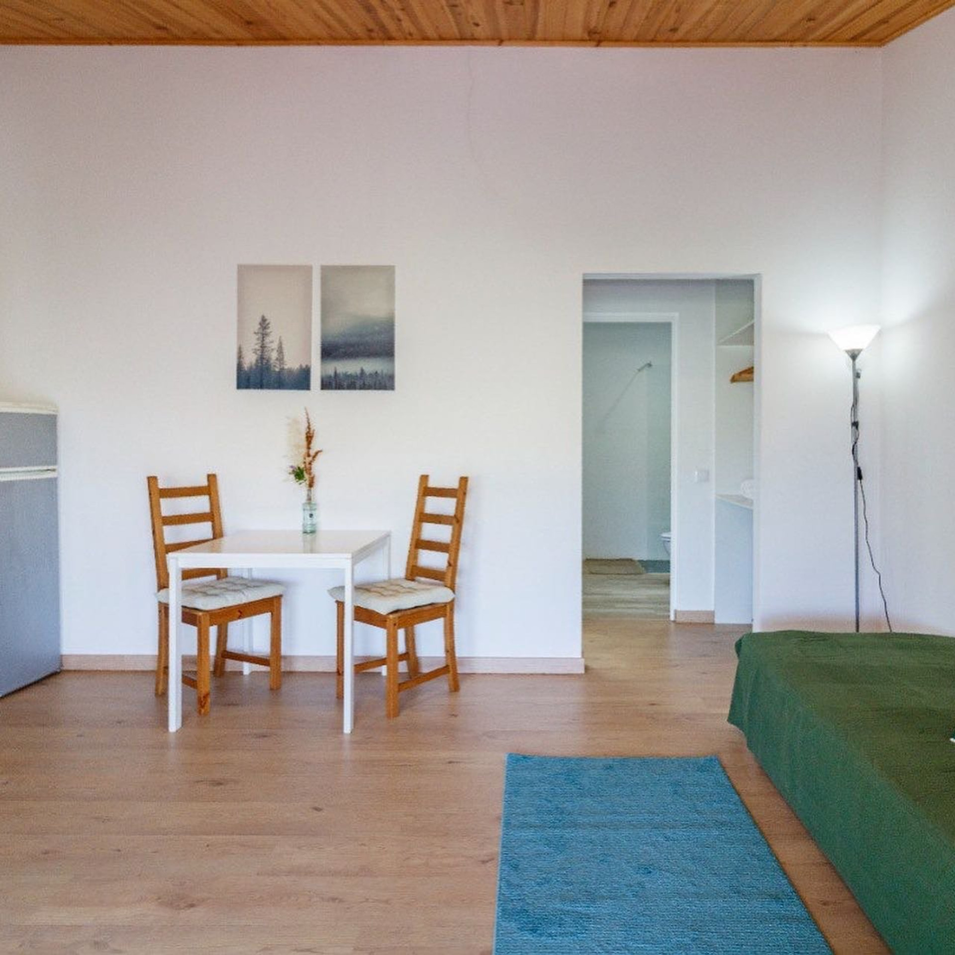 Open living dining area wooden ceiling