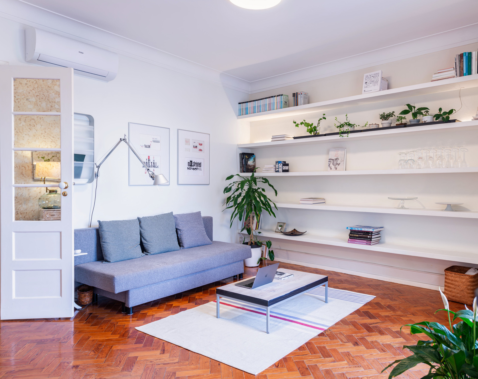 Living room with built-in shelves