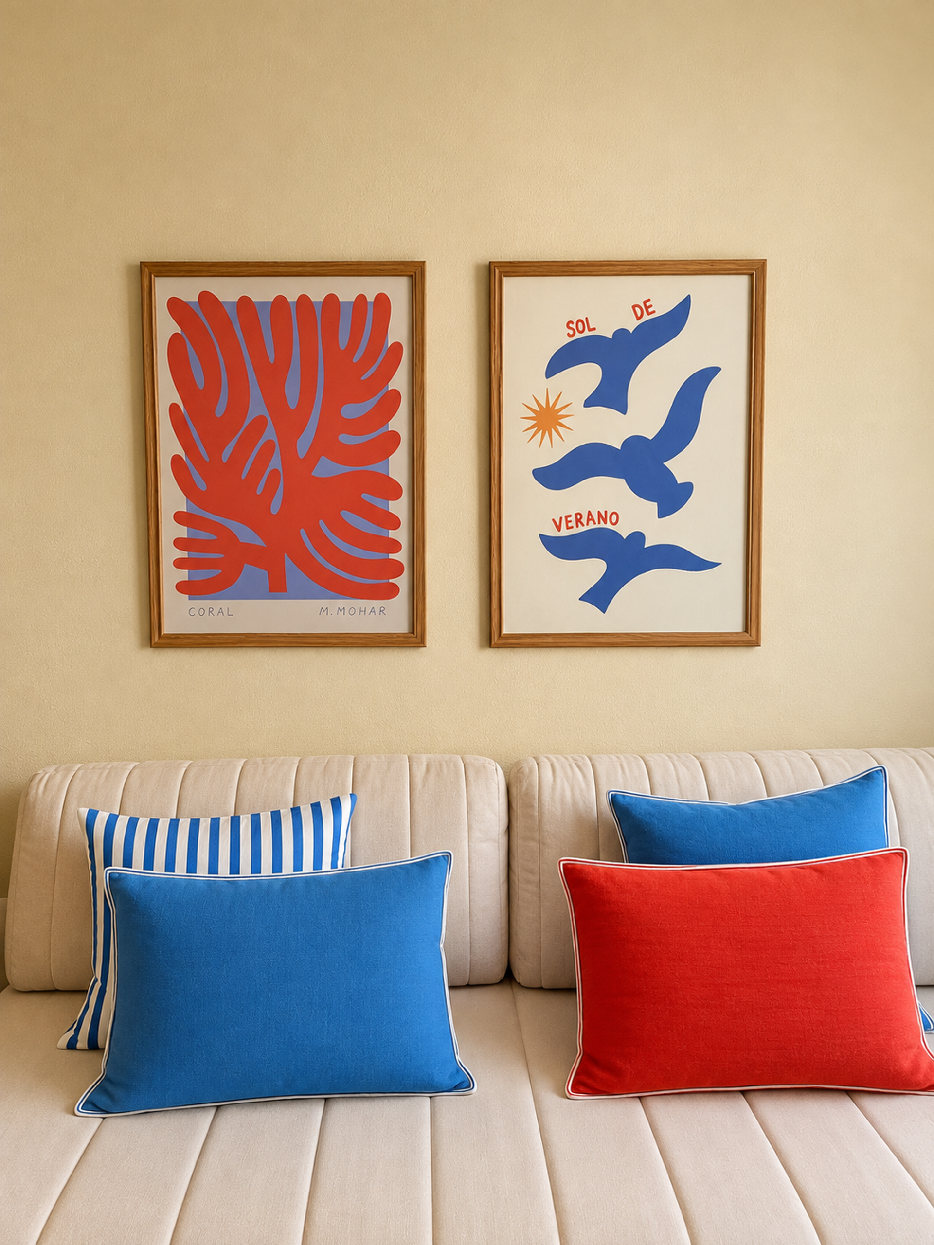 Sofa with colorful cushions, art