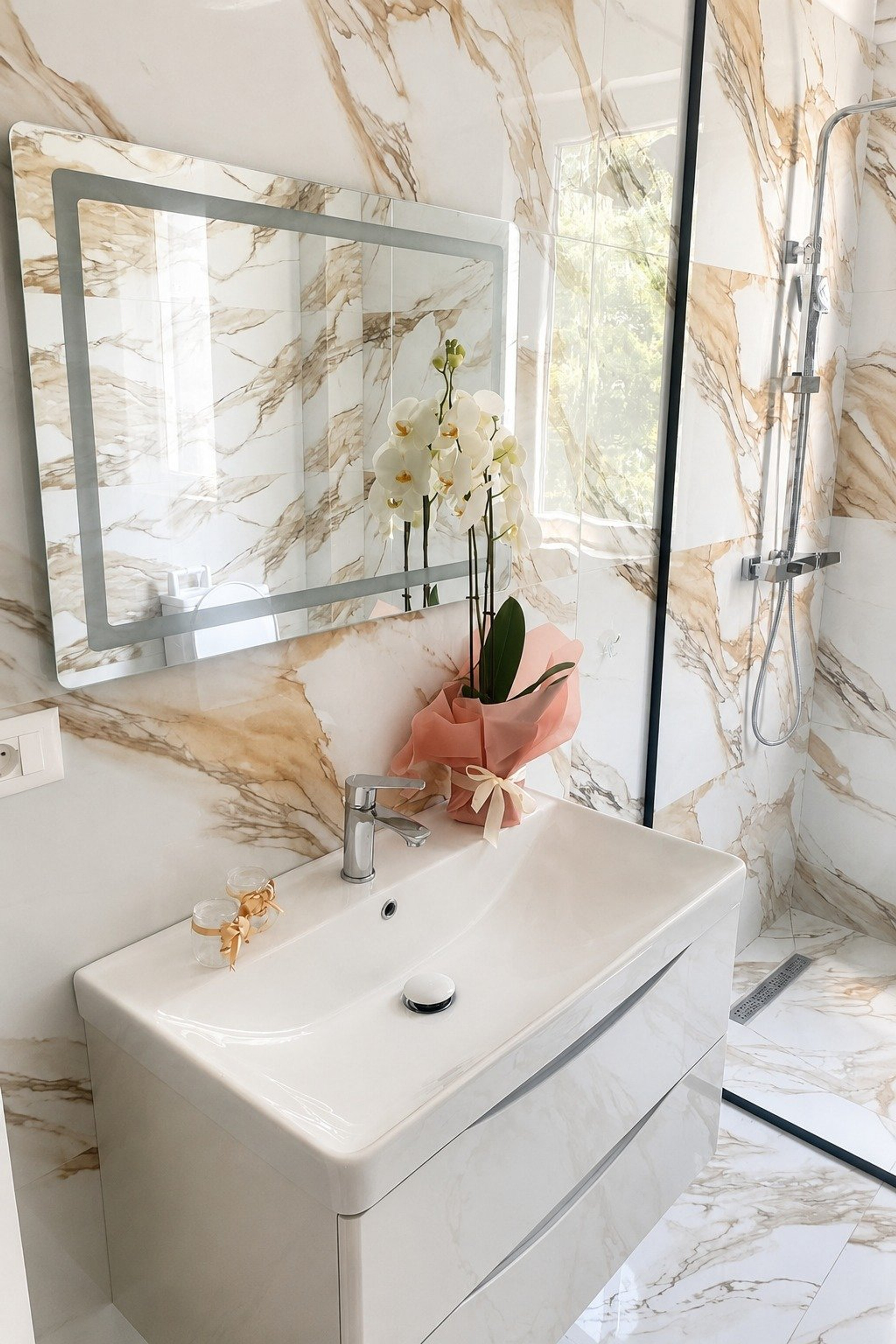 Bathroom sink with orchid