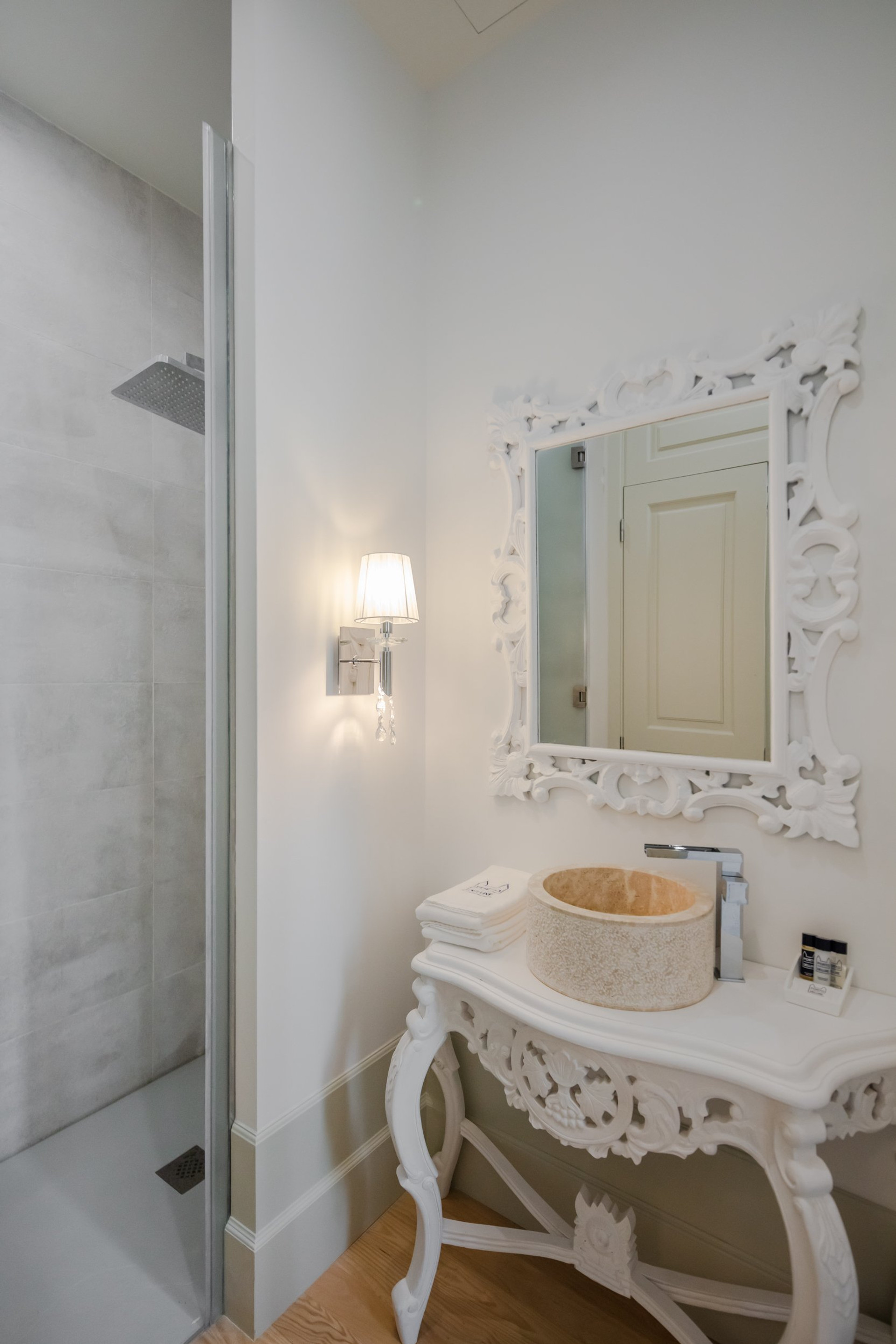 Bathroom with stone vessel sink