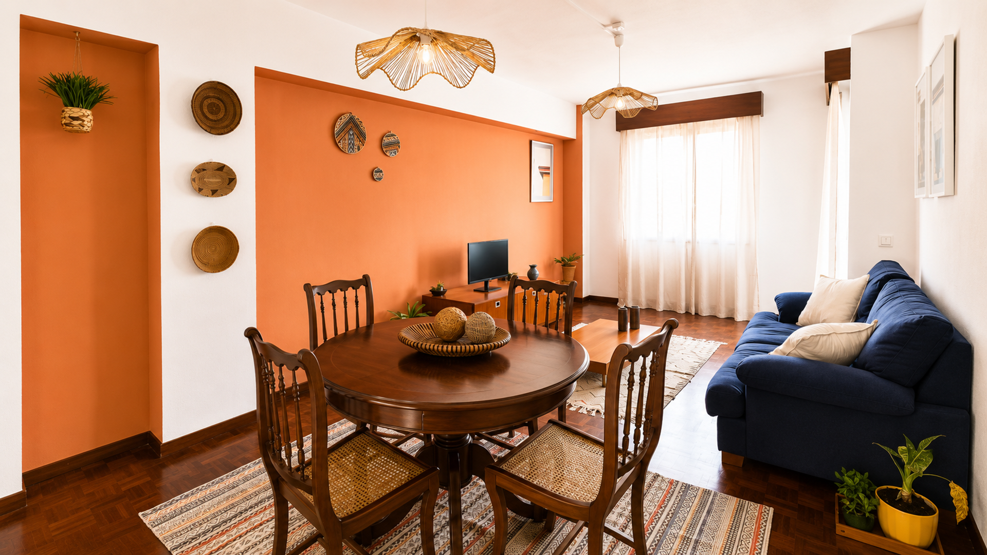 Open living dining room orange wall