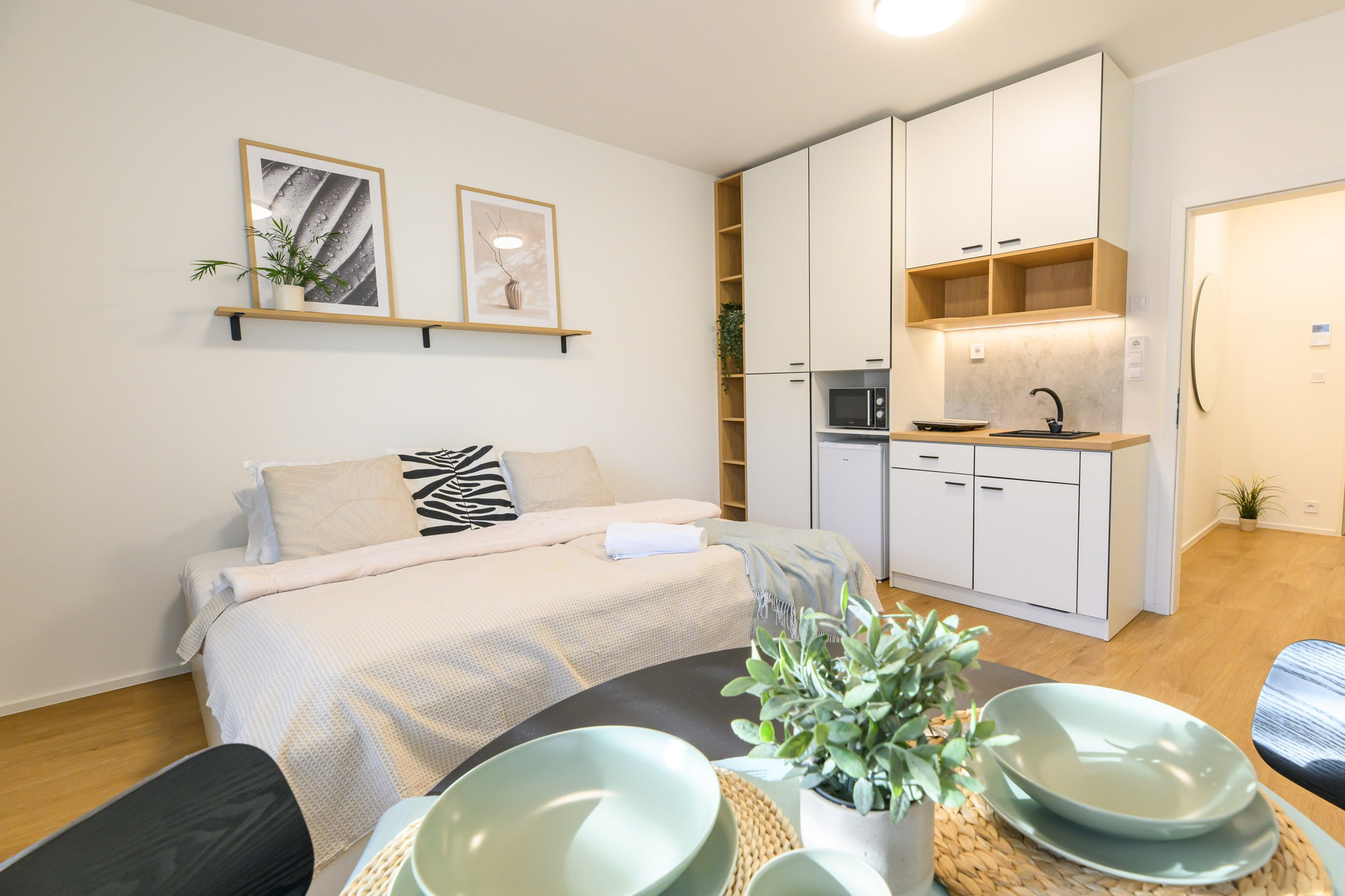 Studio with bed kitchen and dining