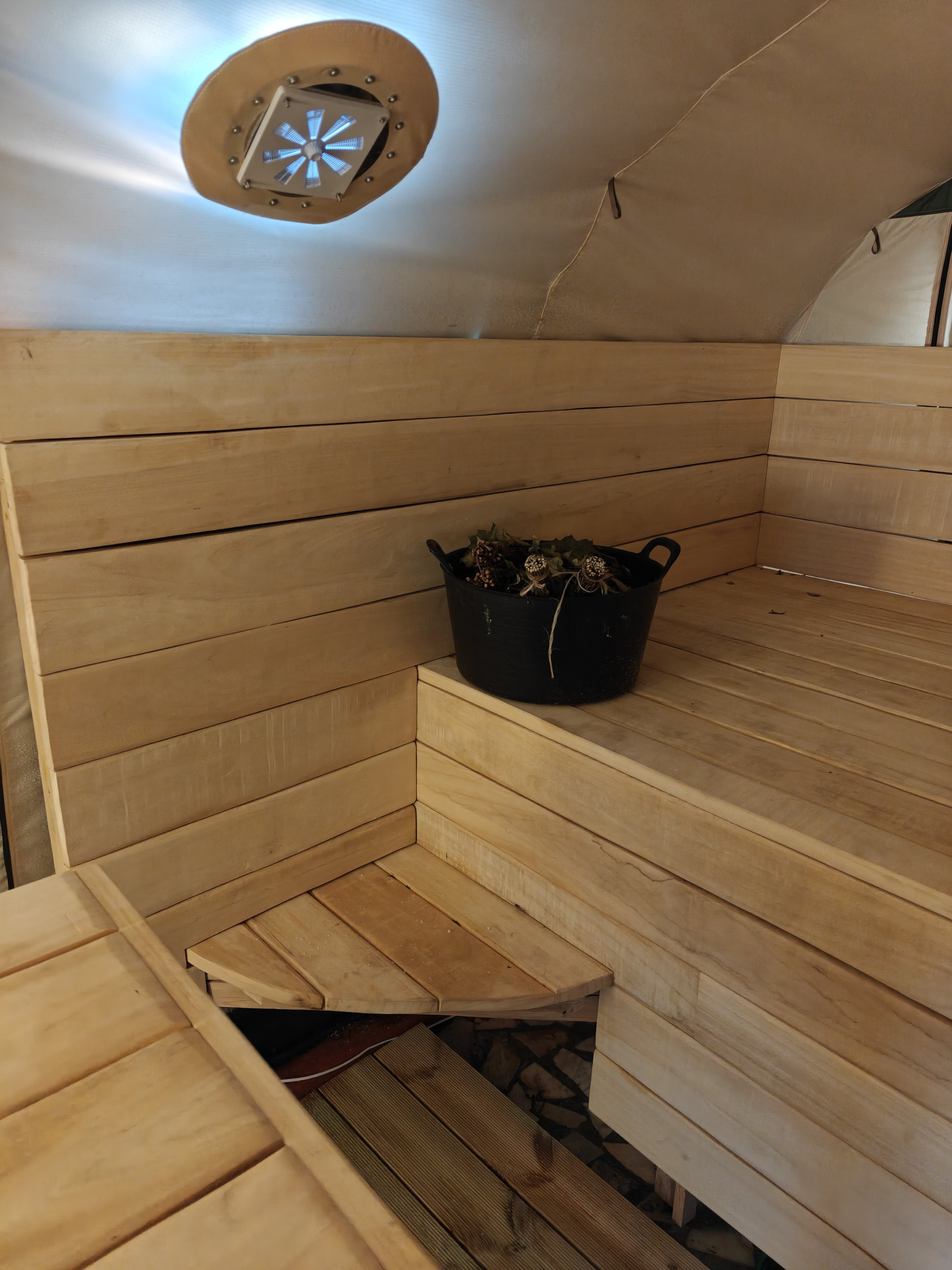 Wooden sauna interior nook