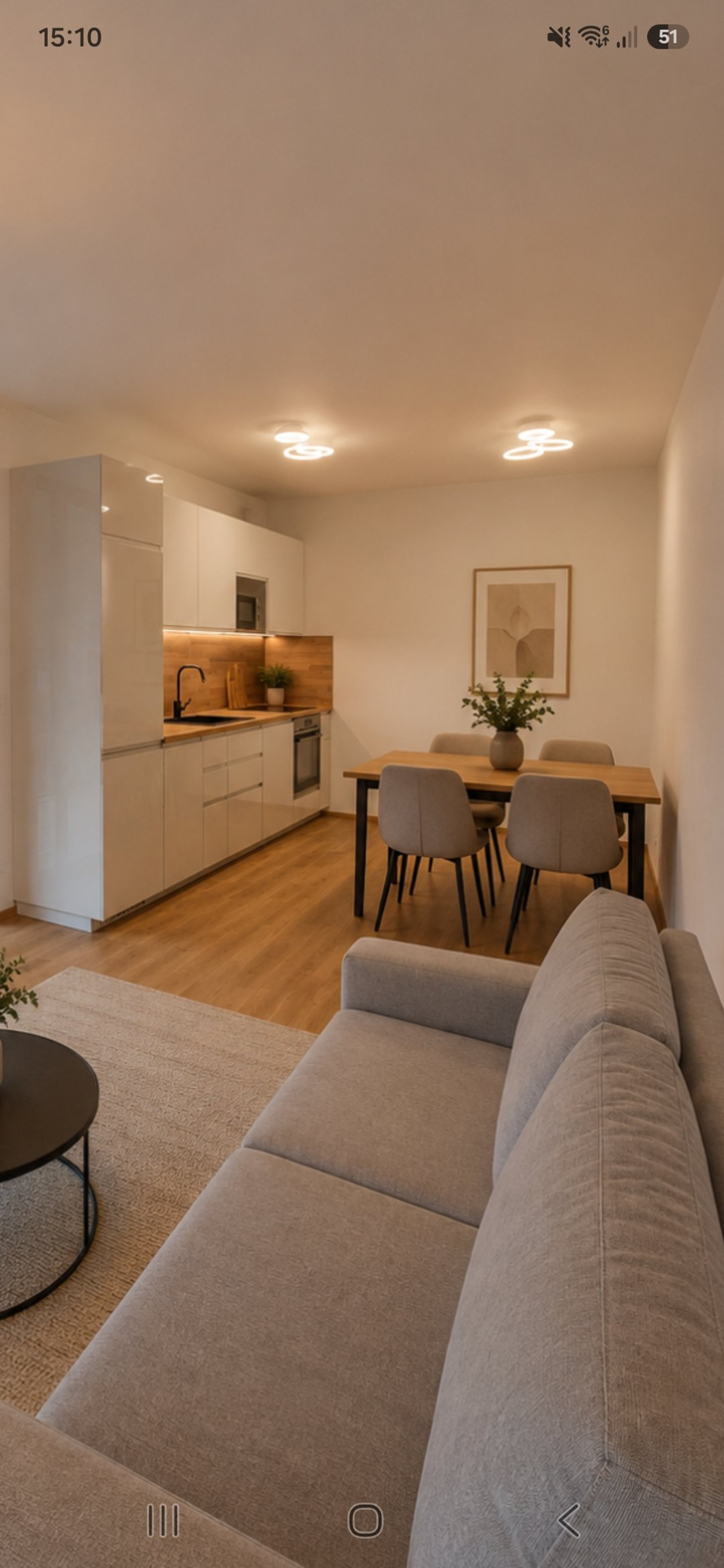 Kitchen and dining area with sofa