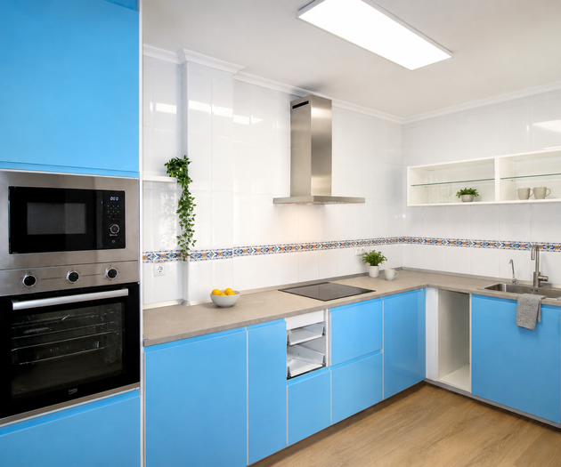 Blue kitchen with hood
