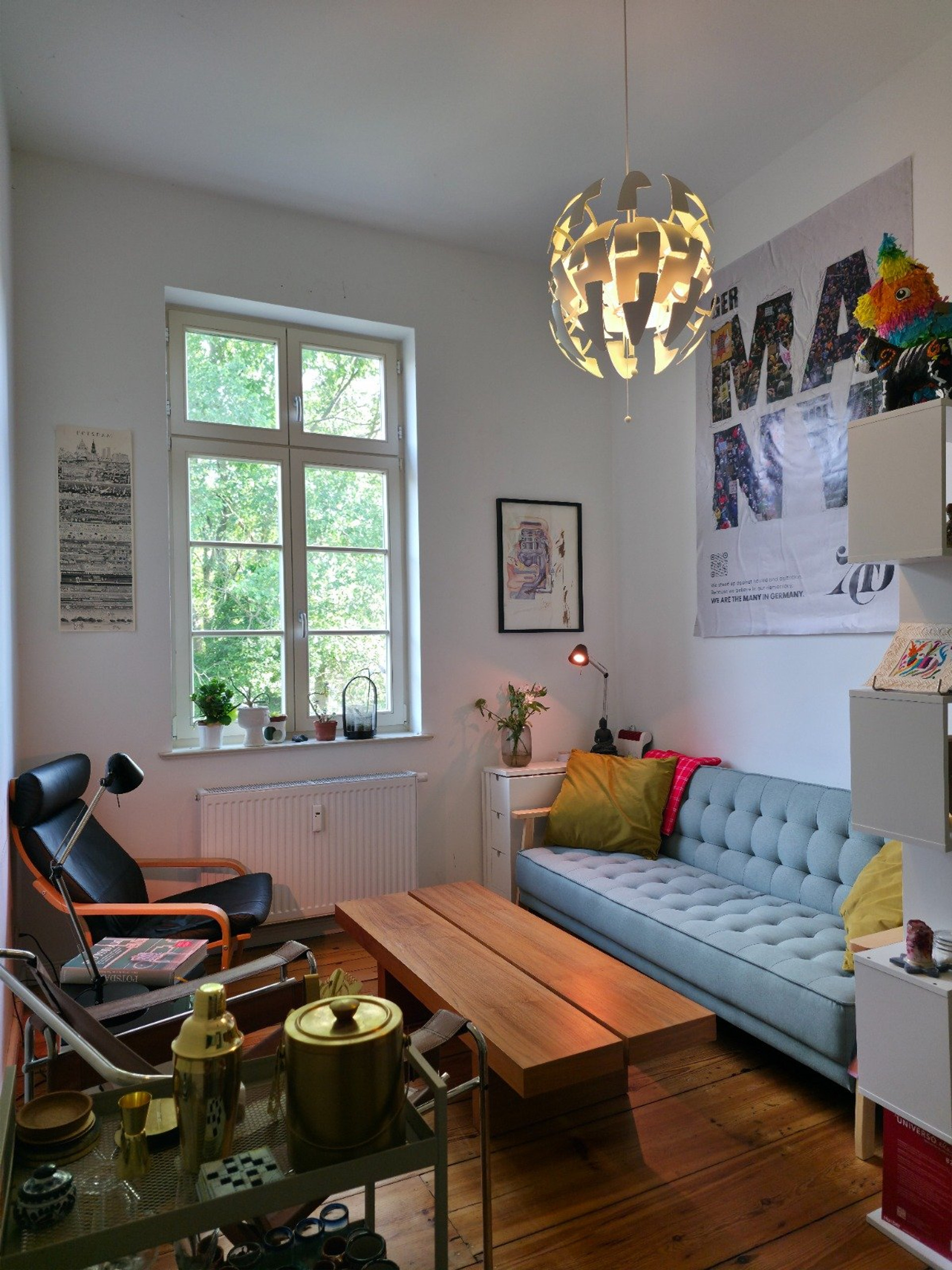 Living room sofa and chandelier