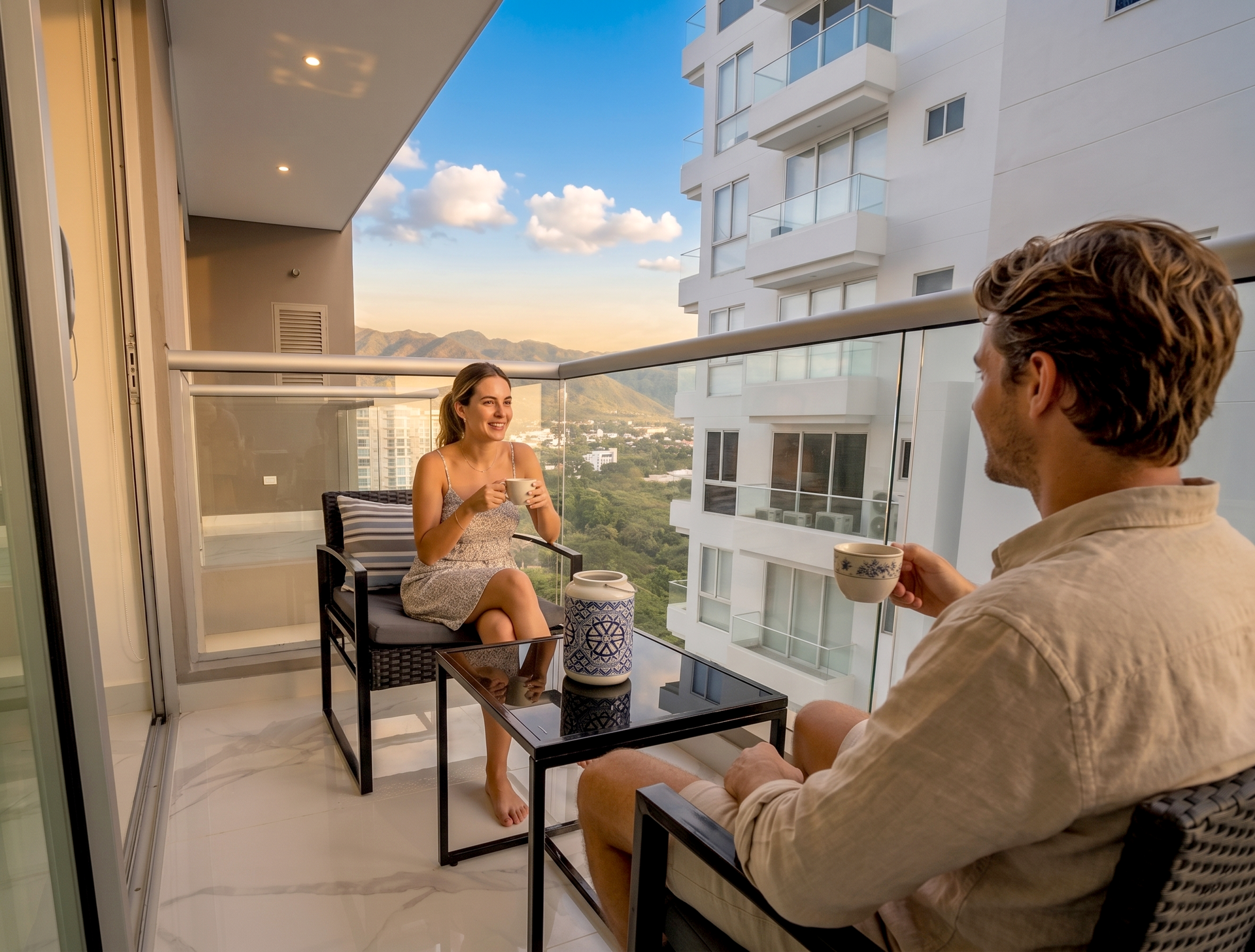 Balcón privado con vistas abiertas, perfecto para disfrutar de un café al aire libre y relajarte en un entorno tranquilo. Un espacio ideal para desconectar y vivir la experiencia de Santa Marta desde las alturas.