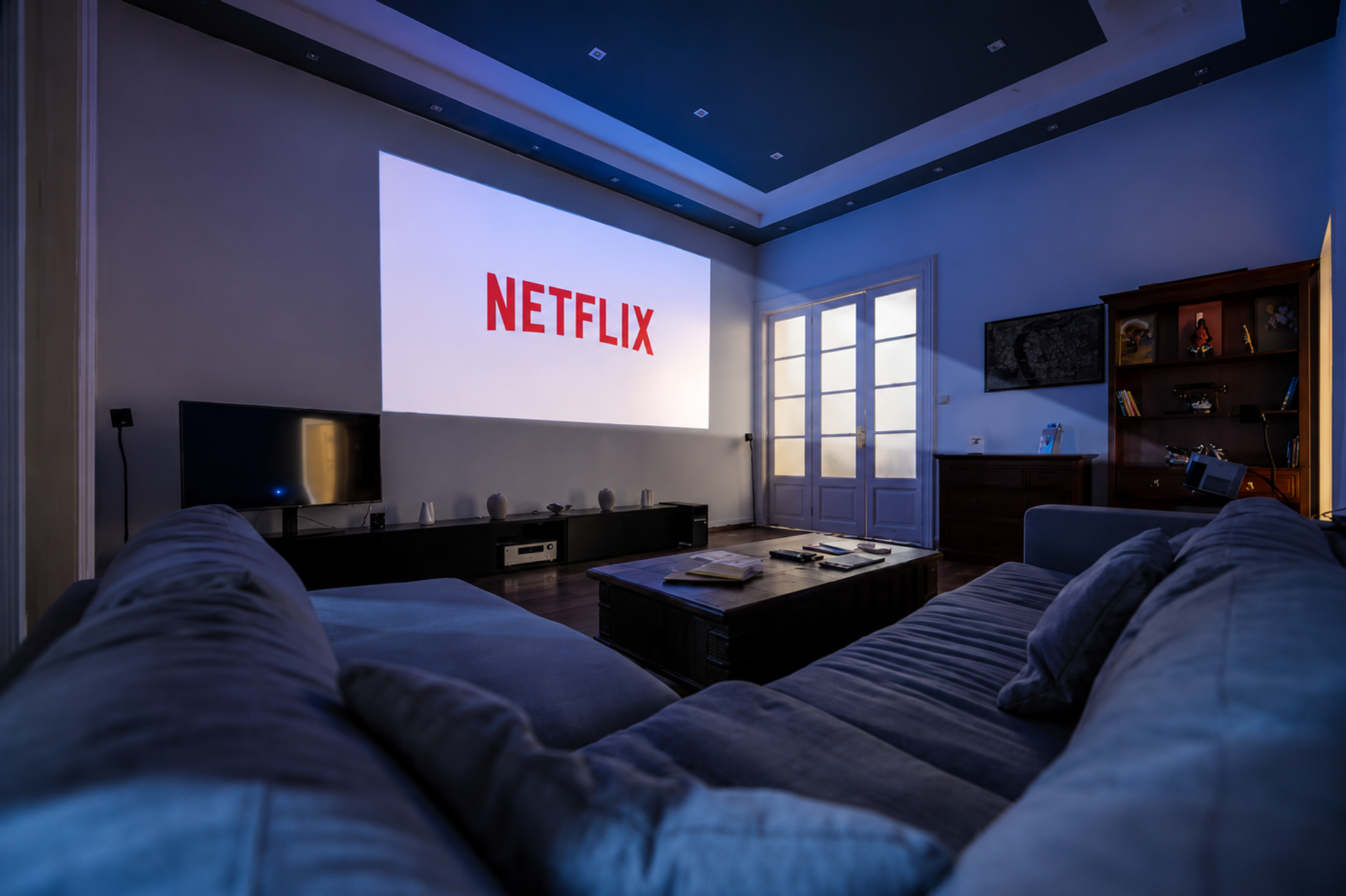 Living room with projector screen