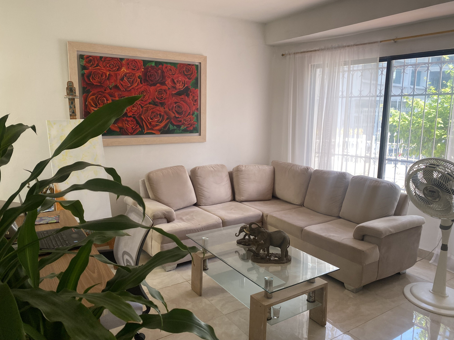 Living room with rose artwork