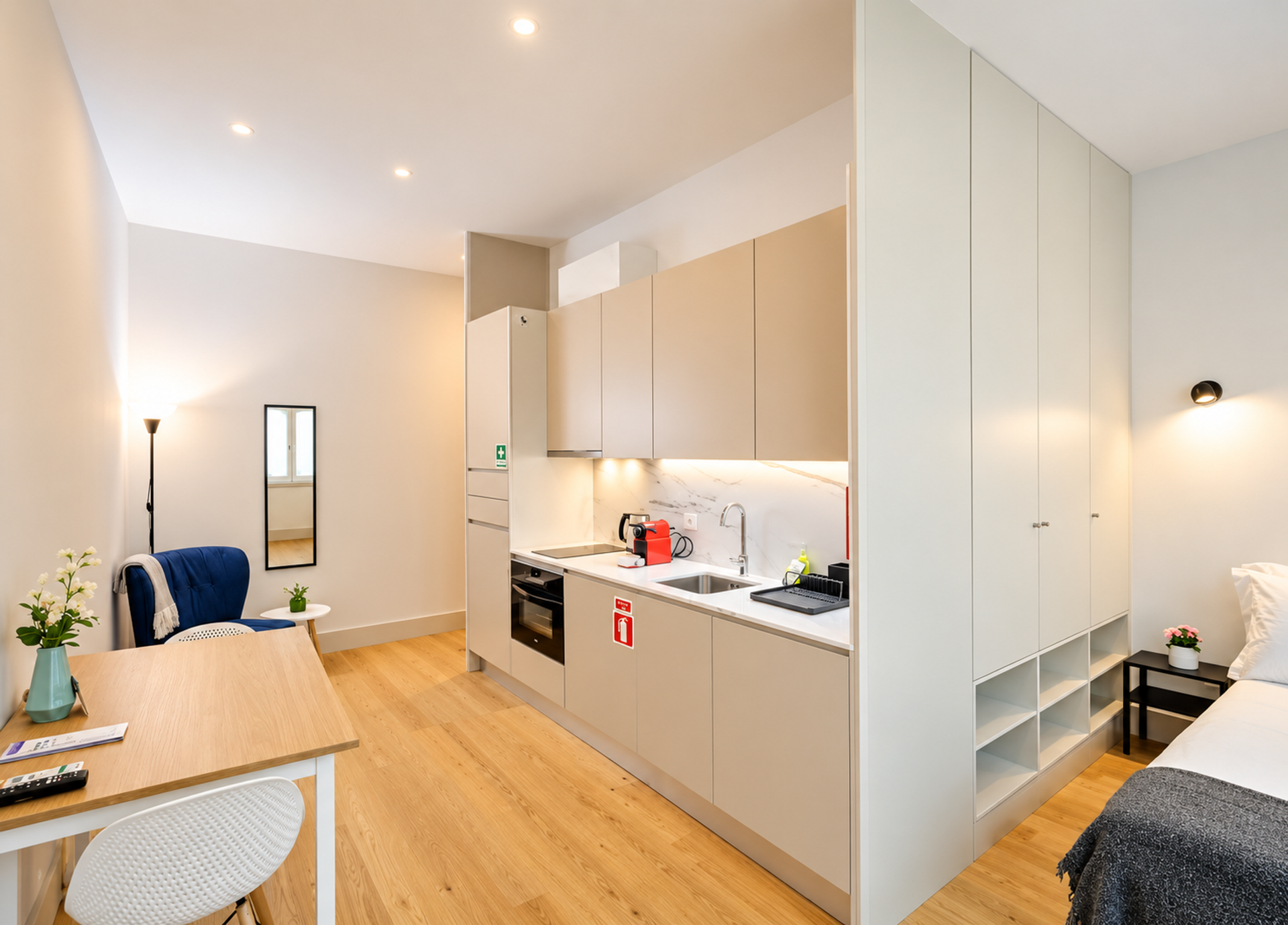 Studio kitchen, dining and bed