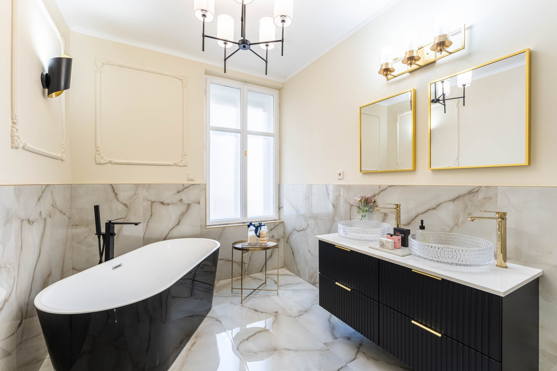 Luxury marble bathroom freestanding black tub