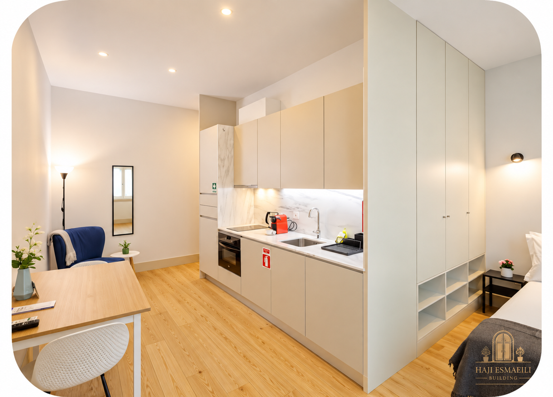 Open studio with kitchen and dining