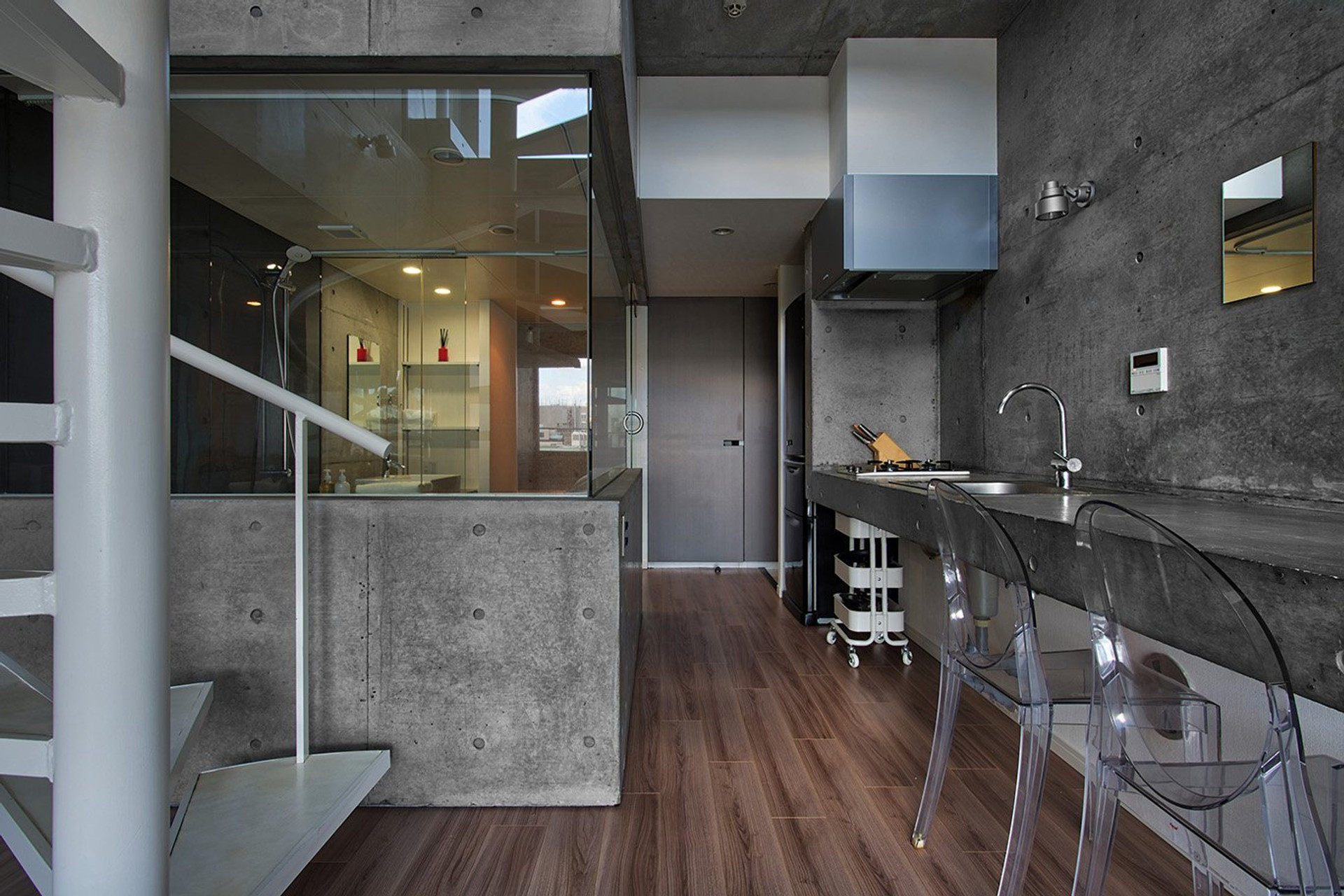 Kitchen counter with clear chairs