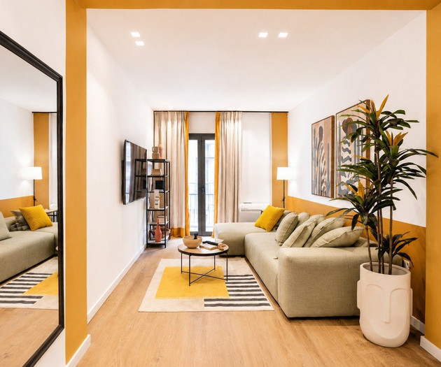 Living room with mirror and TV
