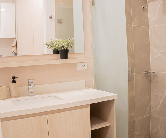 Bathroom vanity and glass shower