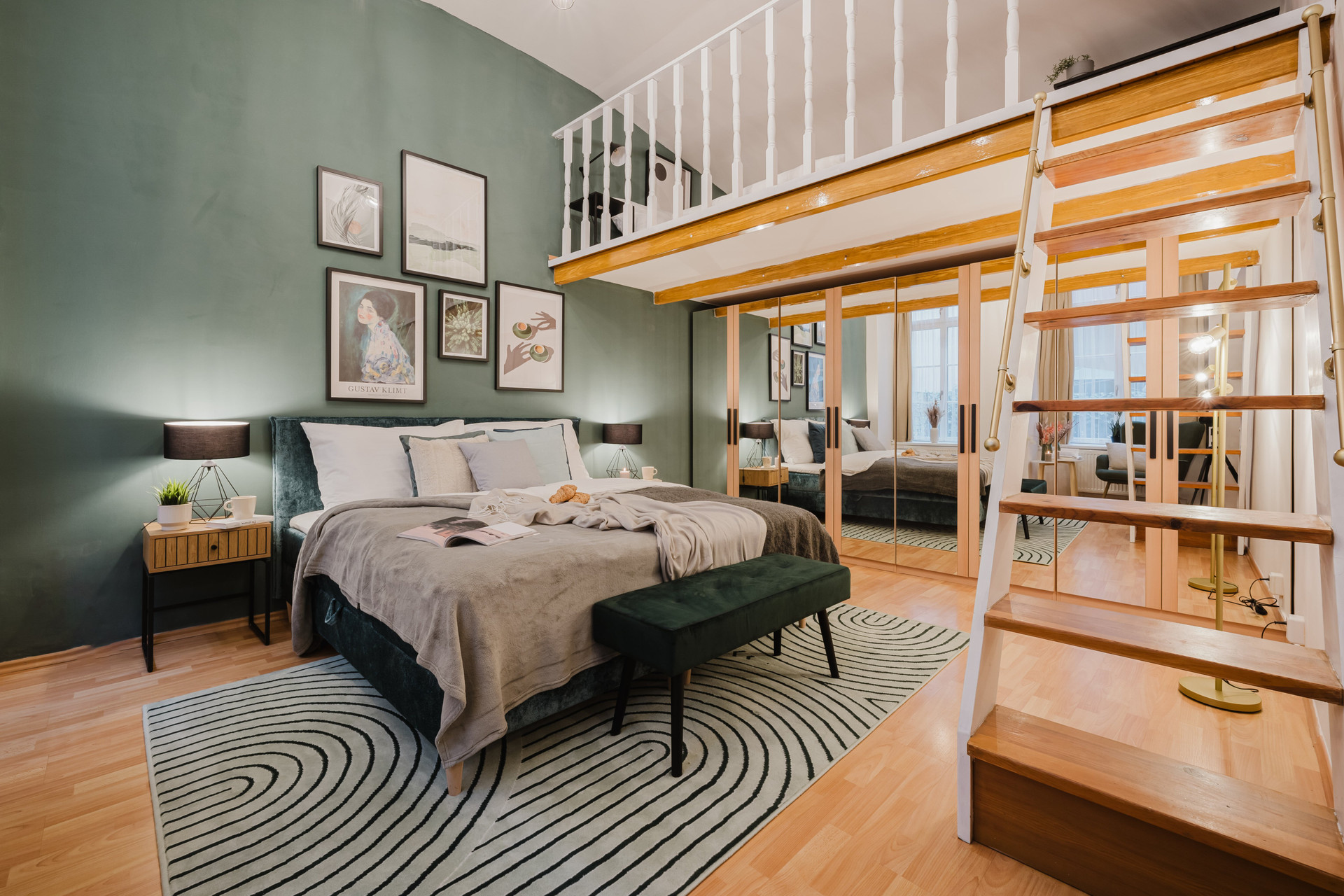 Bedroom with loft stairs view
