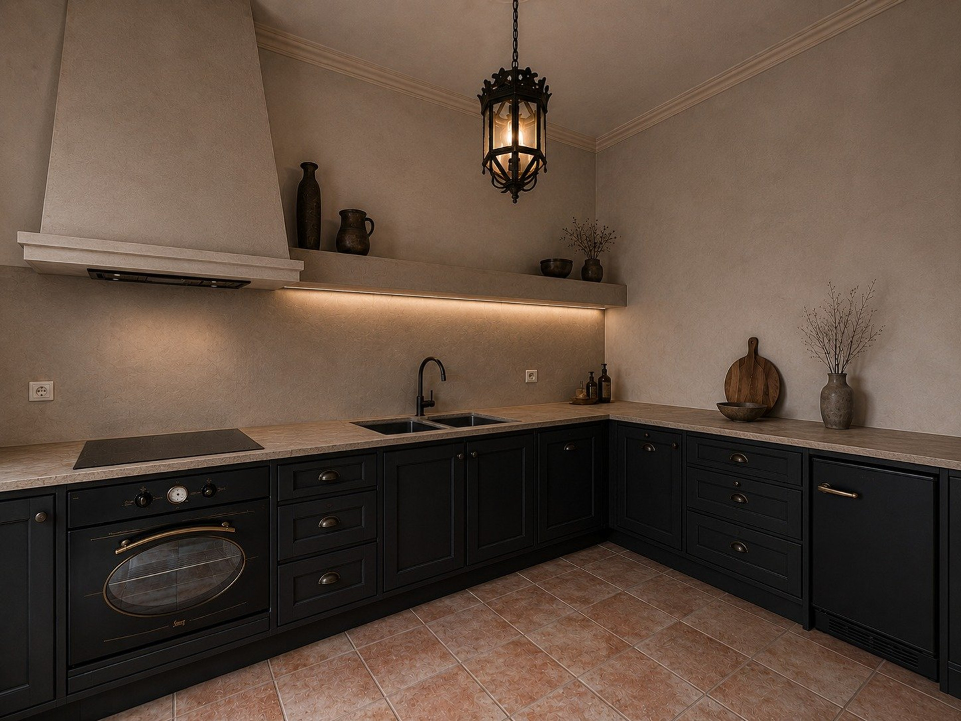 Dark kitchen with stone range hood