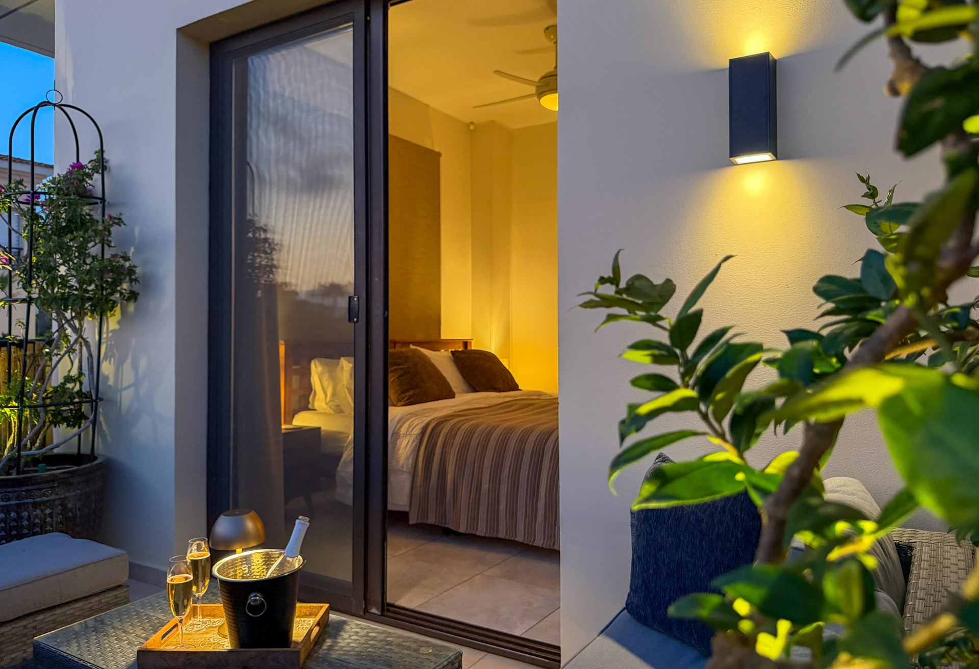Terrace view into bedroom evening
