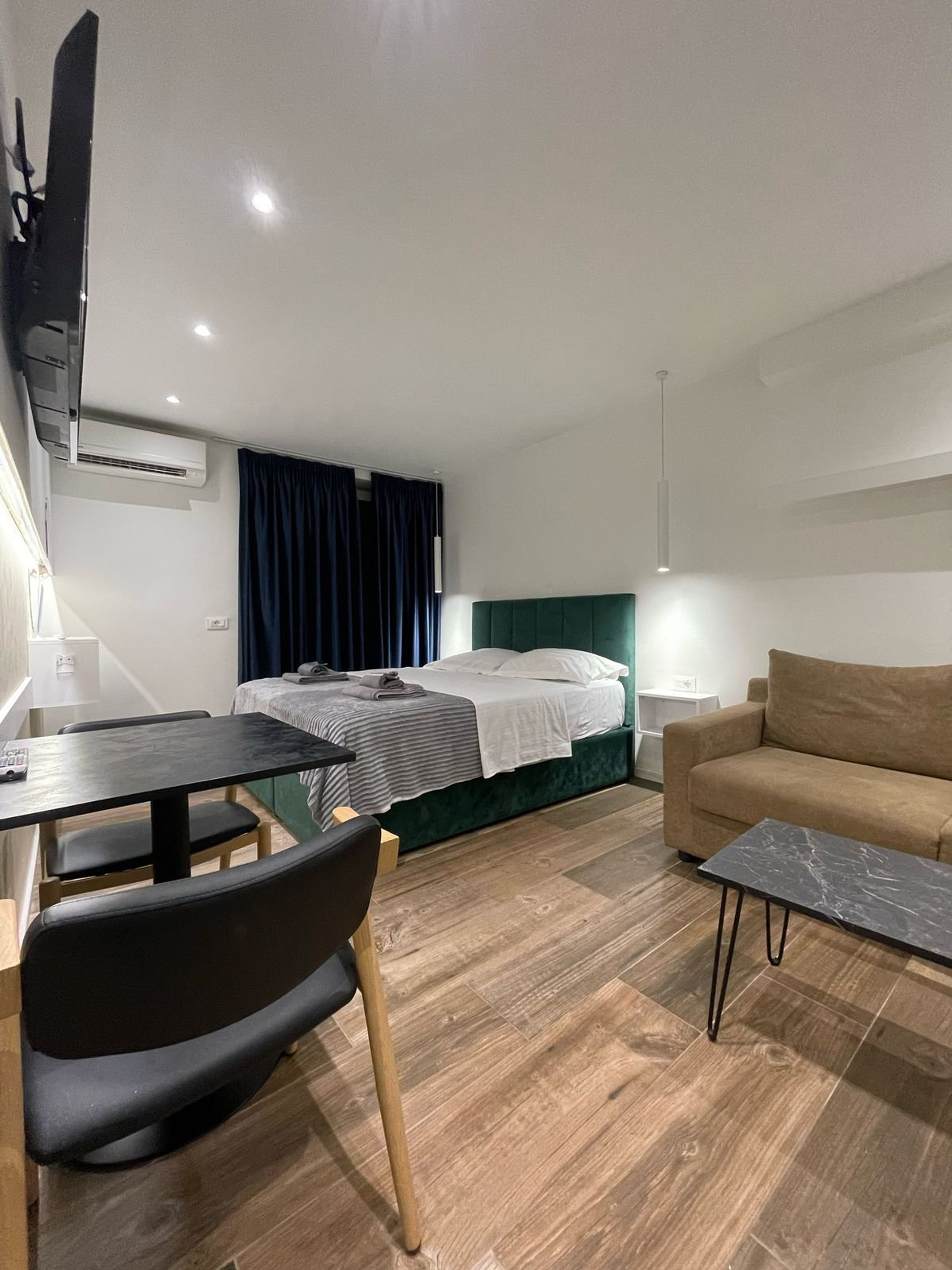 Studio with bed, dining table, sofa
