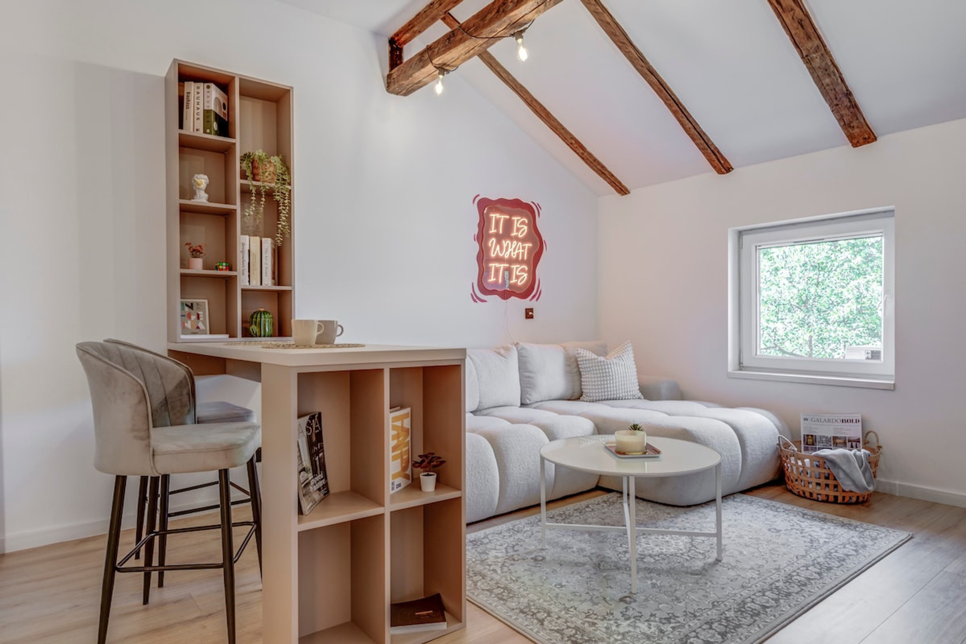 Spacious living area with a small window overlooking the backyard of the building.