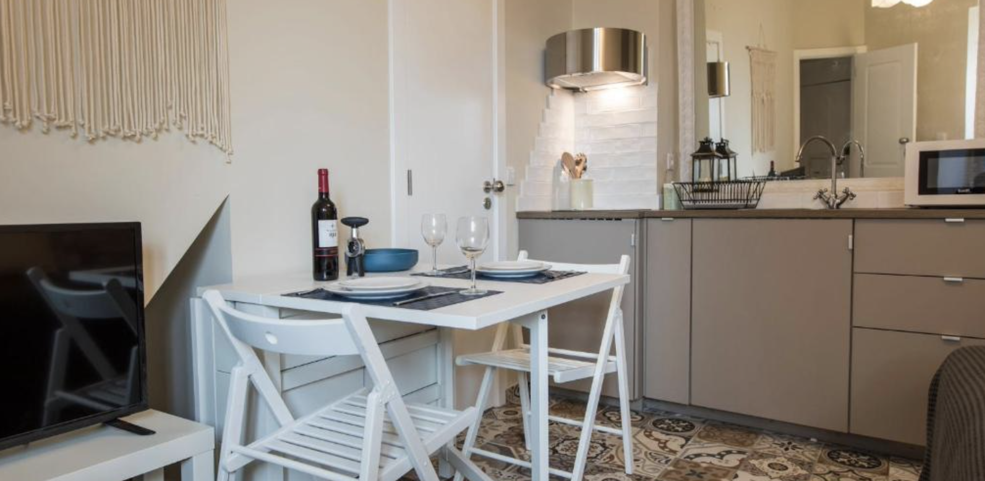 Dining table with kitchen view