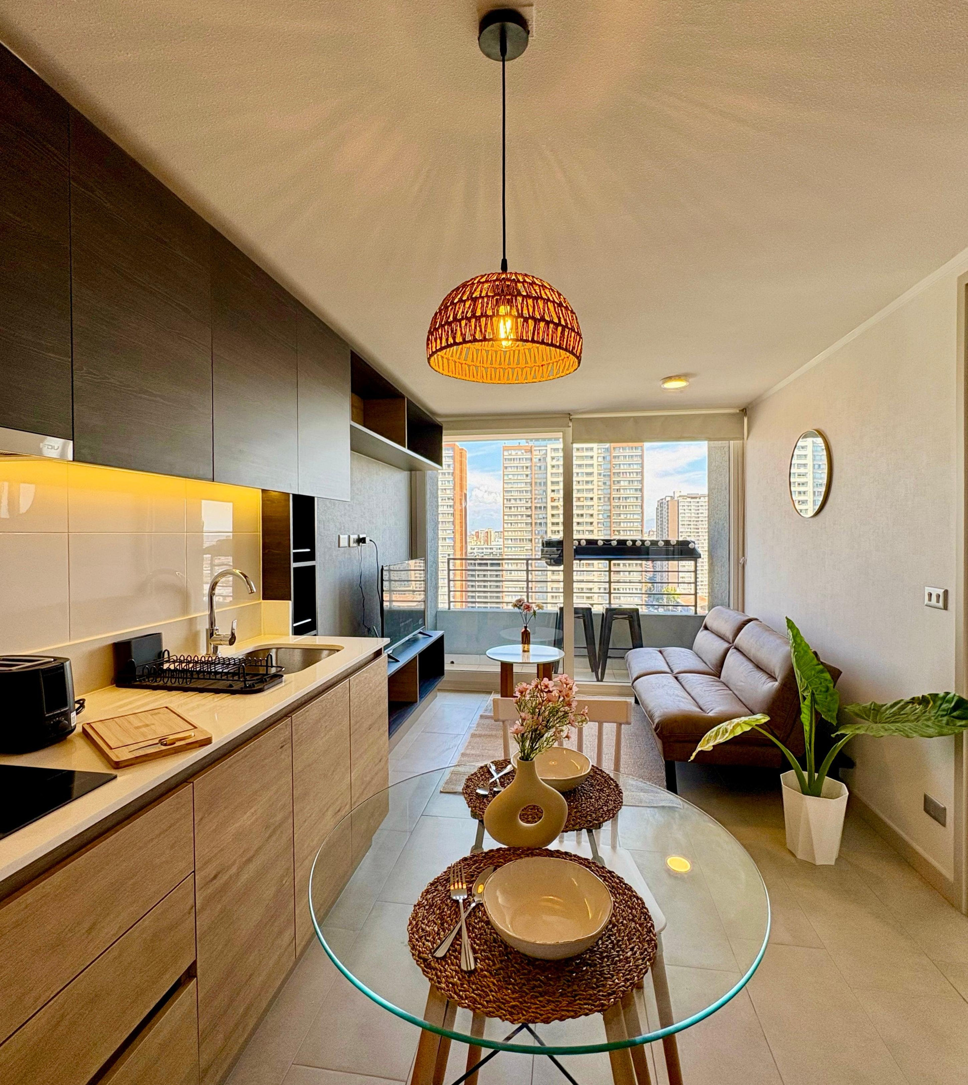 Open plan kitchen dining living area