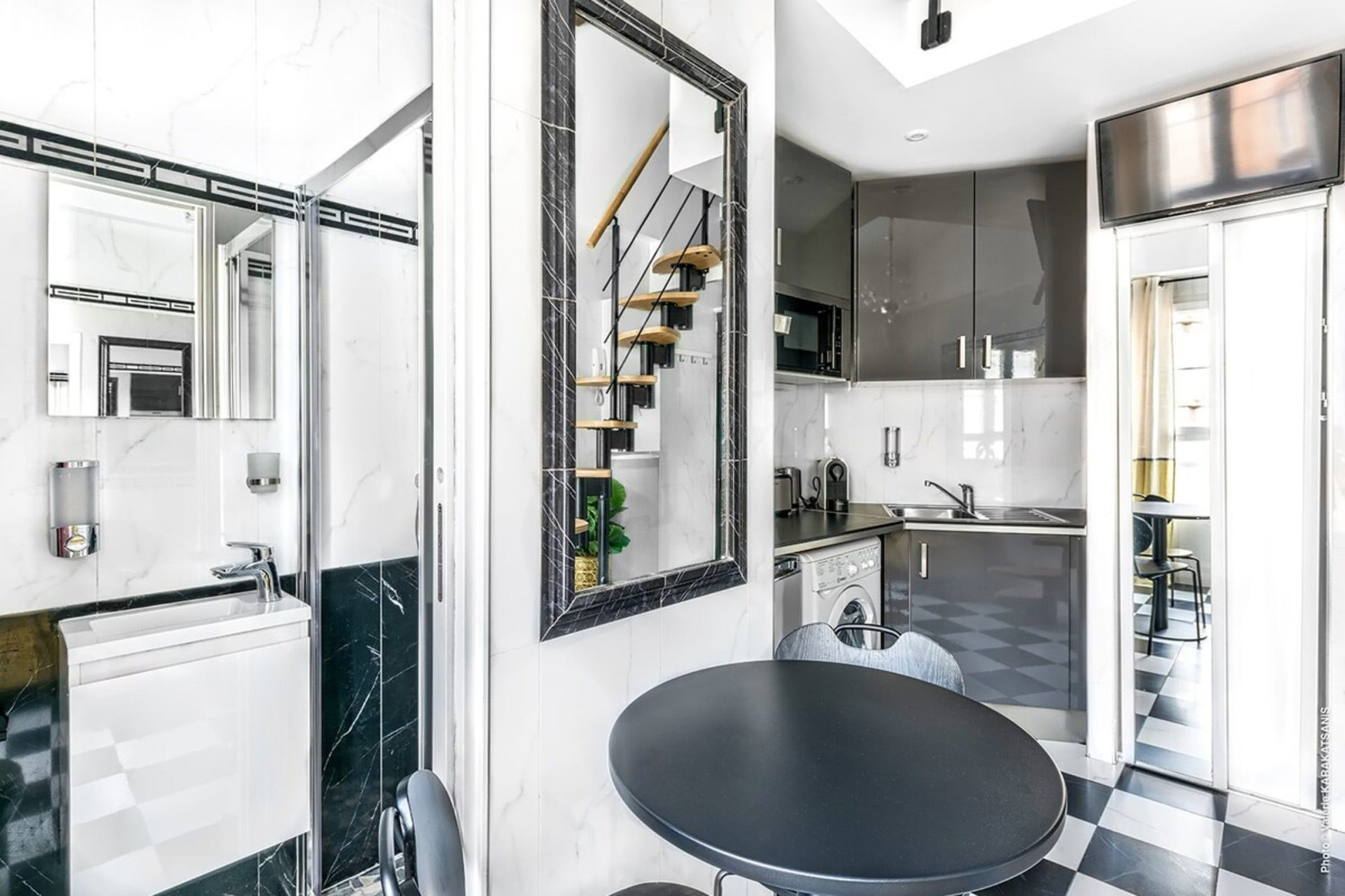 Living area, kitchen, shower room