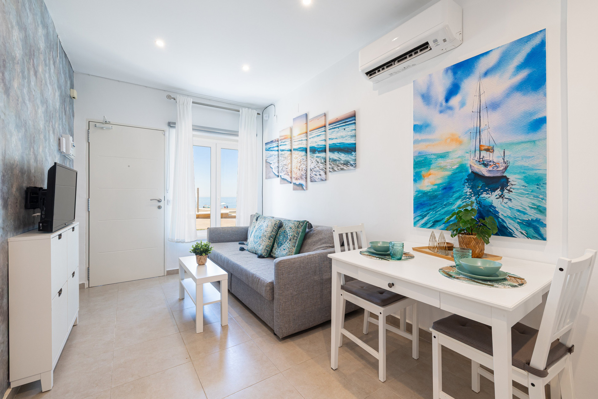 Bright living dining room sea view