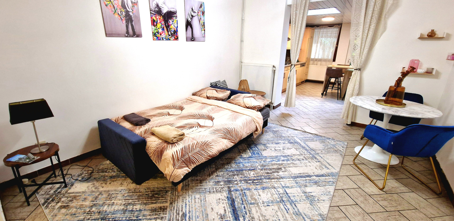 Sofa bed open, dining nook