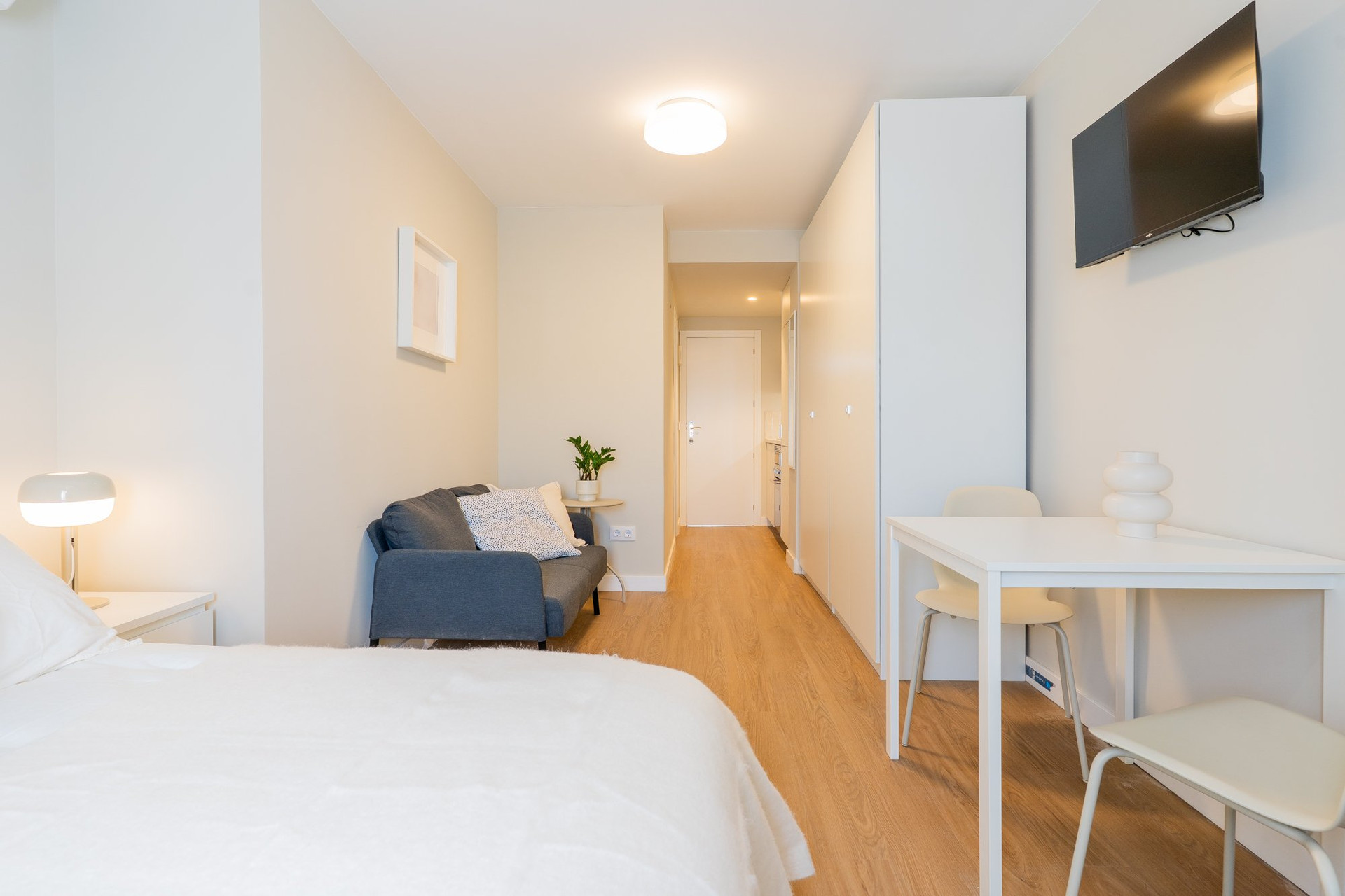Bright studio with bed and sofa