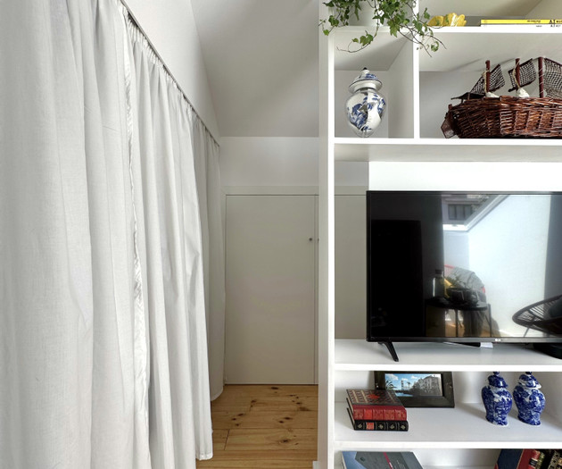 Curtain and shelving unit detail