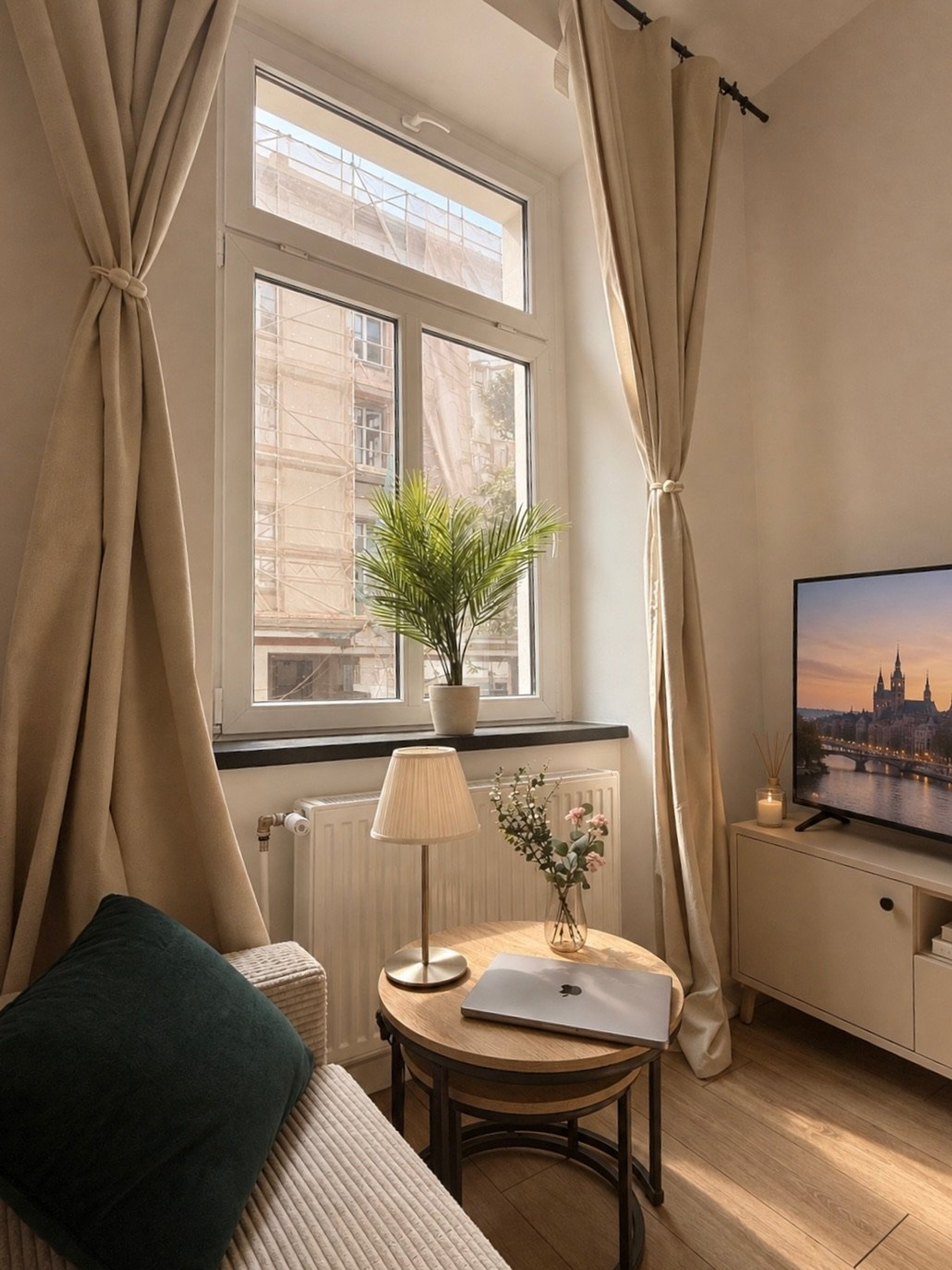 Living room seating with city view