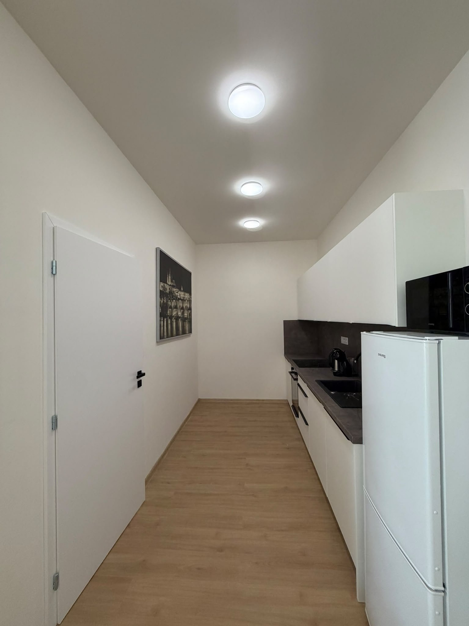 Narrow kitchen with ceiling lights