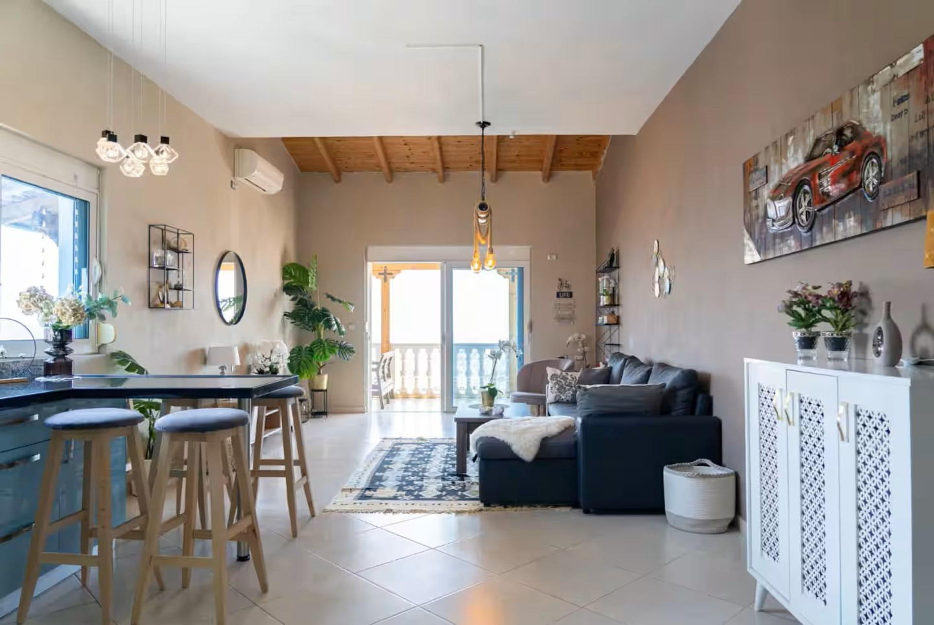 Open living room kitchen sea view