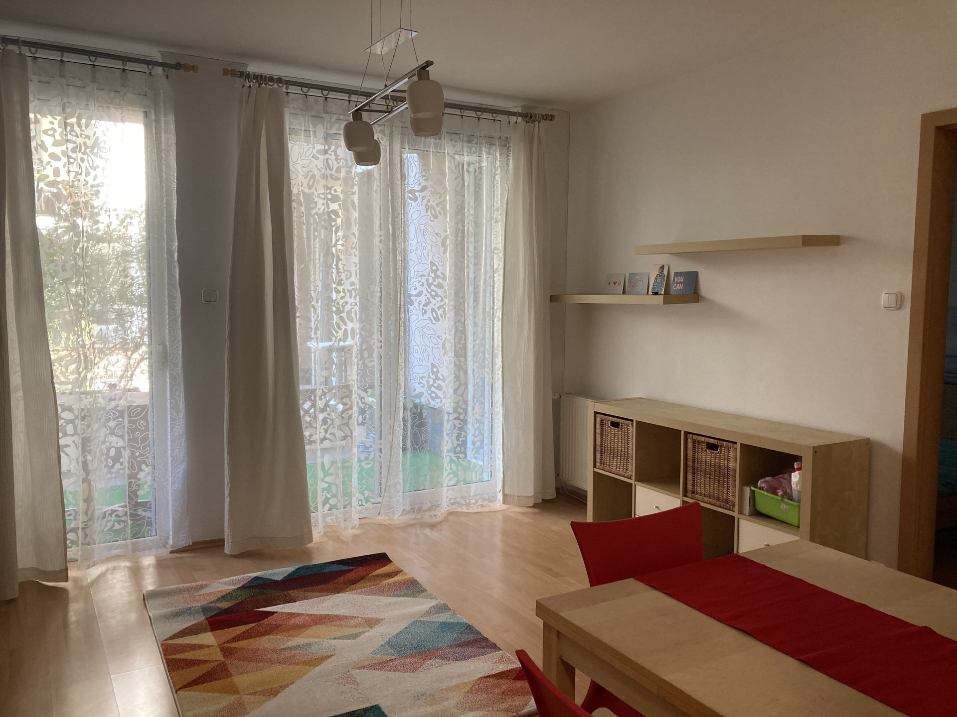 Bright living room with dining table