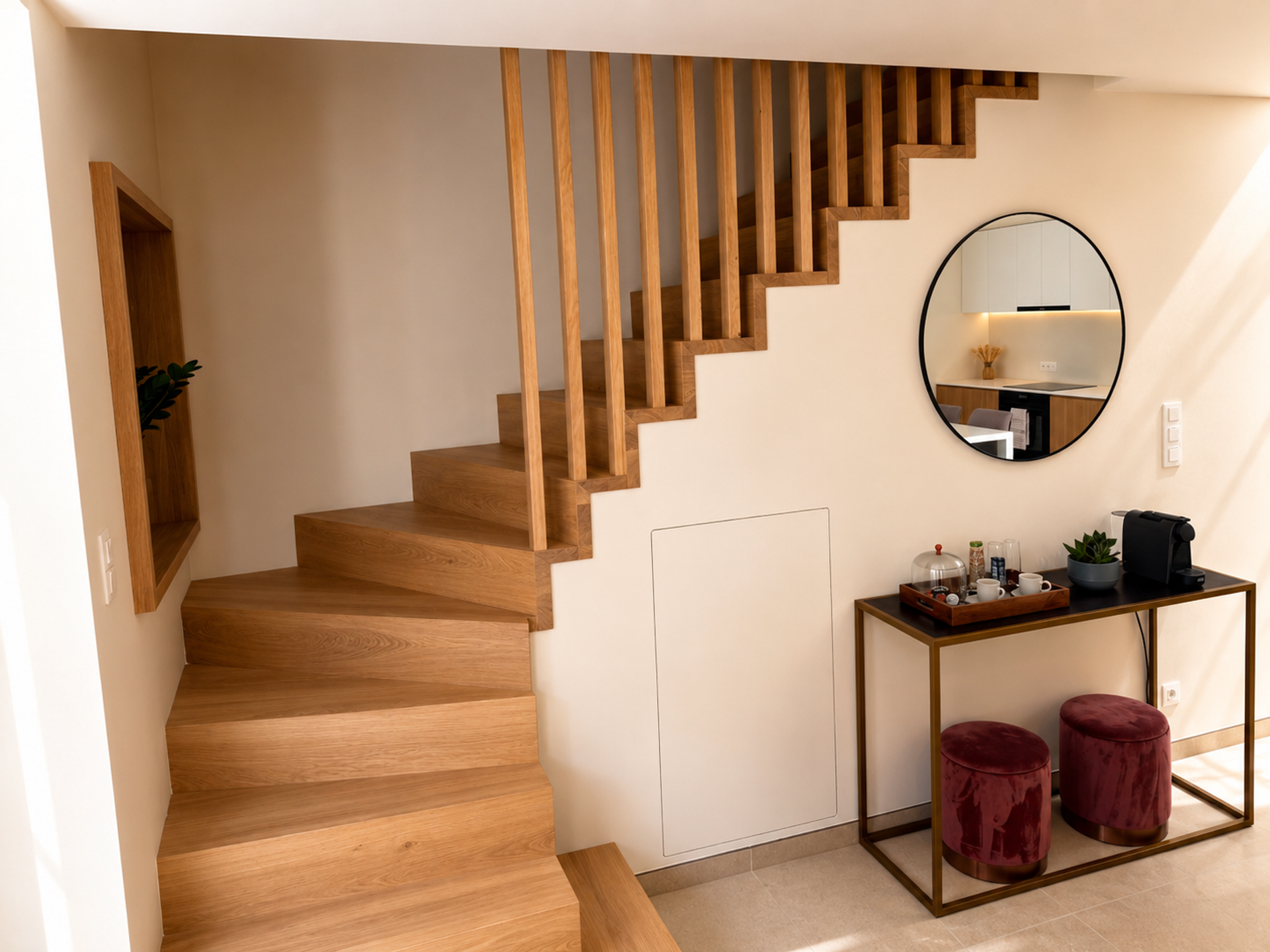 Staircase with coffee station below