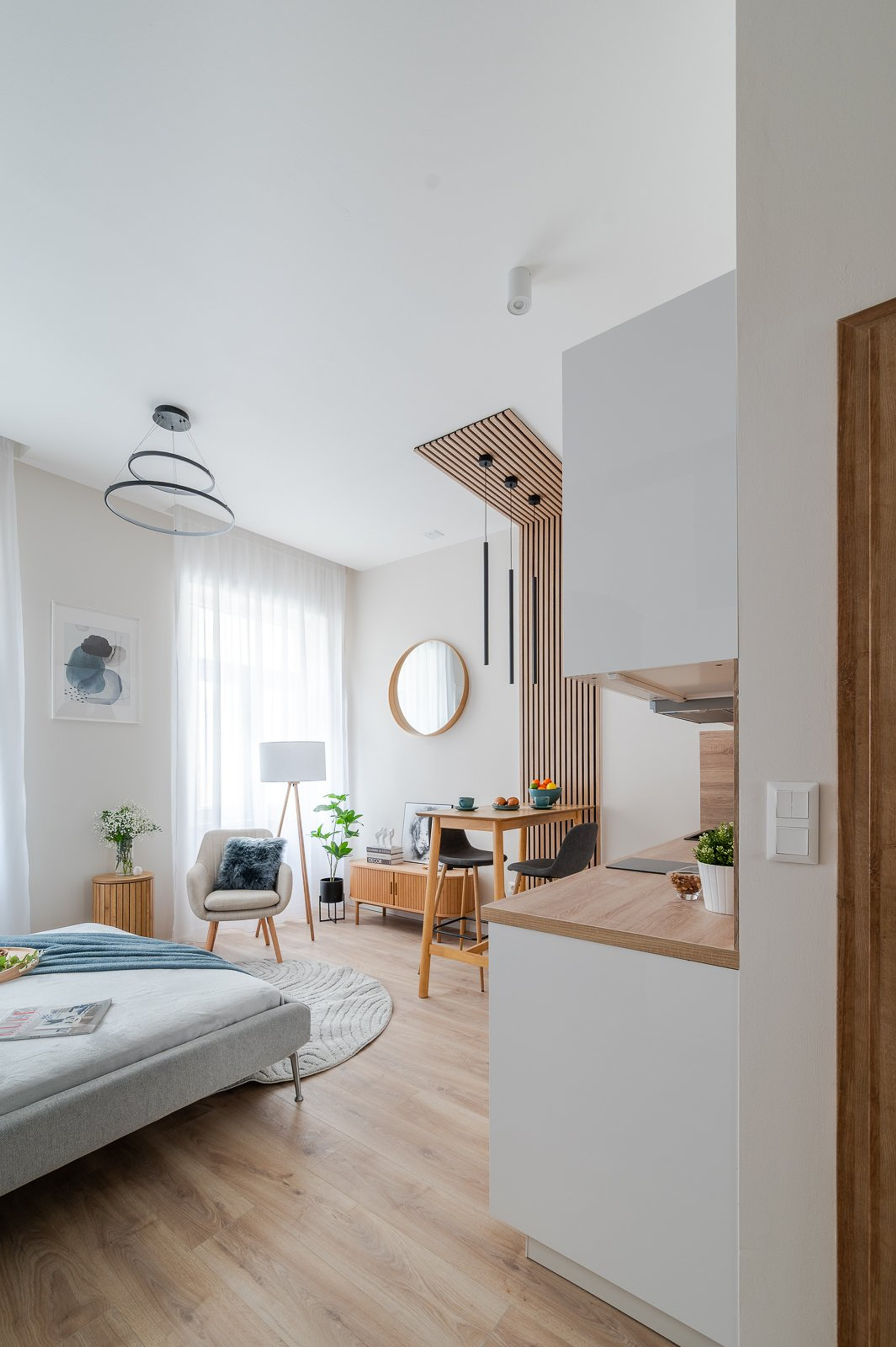 The living space with a king size bed