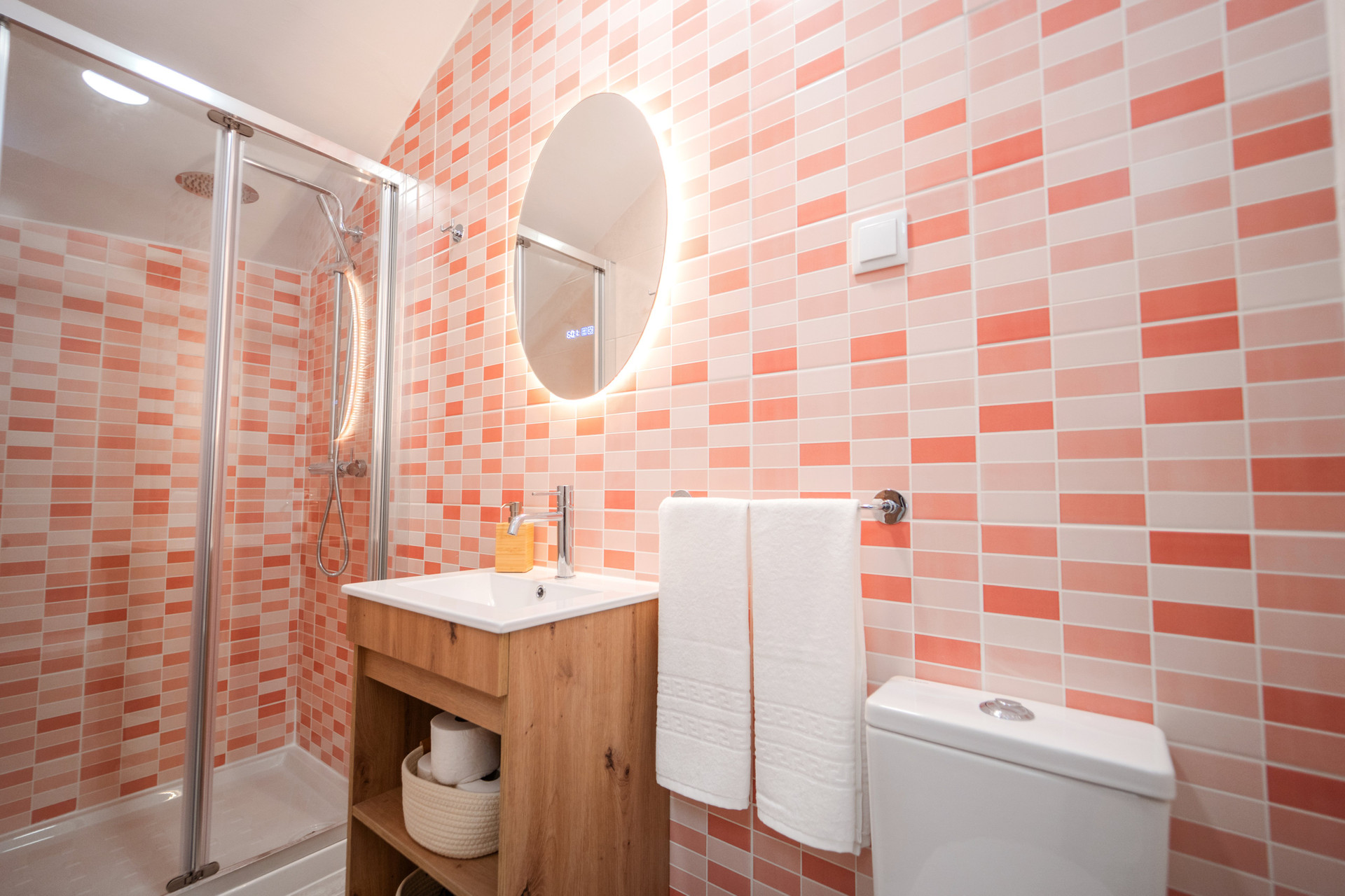 Colorful tiled bathroom with shower