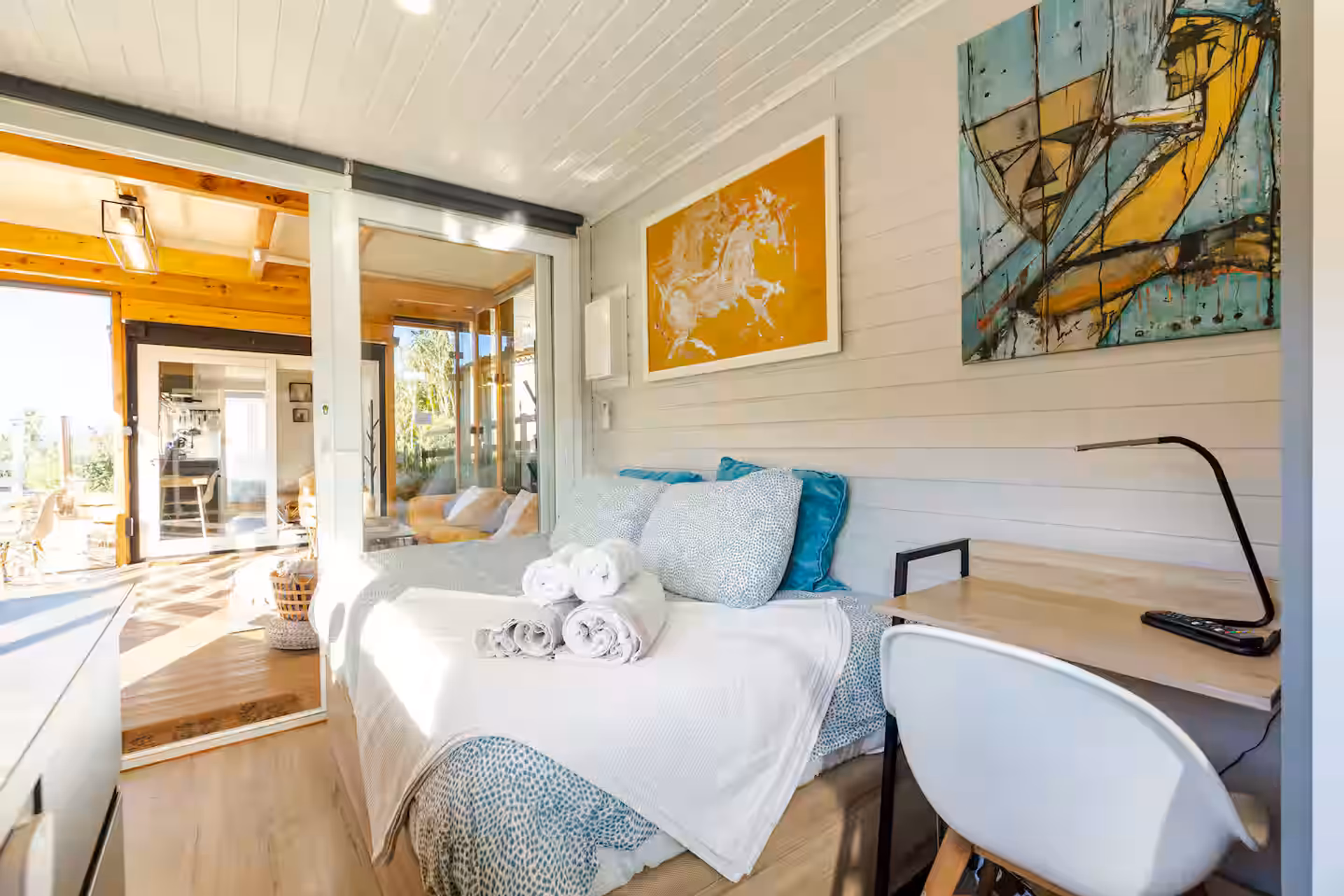 Cozy bedroom with mountain view
