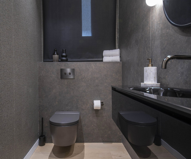 Dark powder room toilet