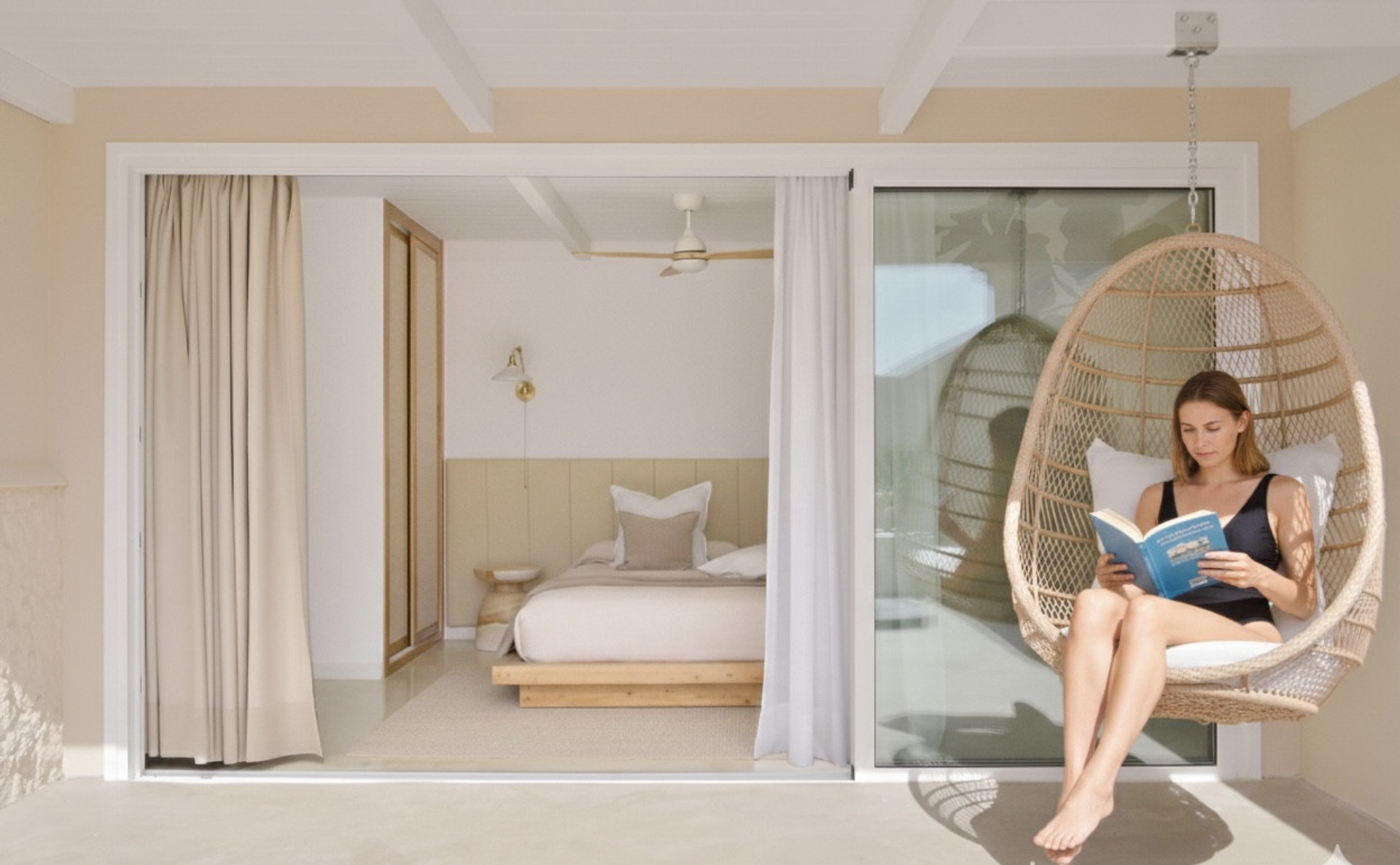 our favorite corner: find your flow in our iconic hanging chair, the heart of our Japandi retreat